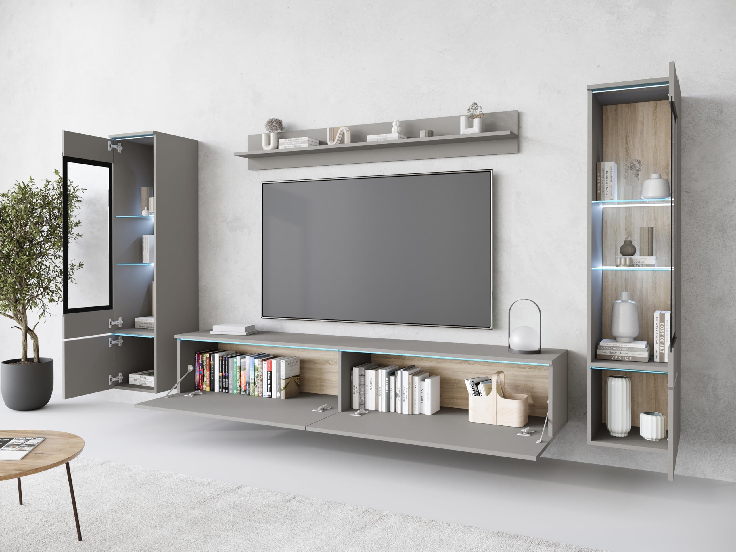 MINIO go for it - Wohnwand 4-Teilig Set Veve 2, Hängend/Stehend - mit LED | Vitrine, Lowboard, Wandboard, Farbe: Grau matt