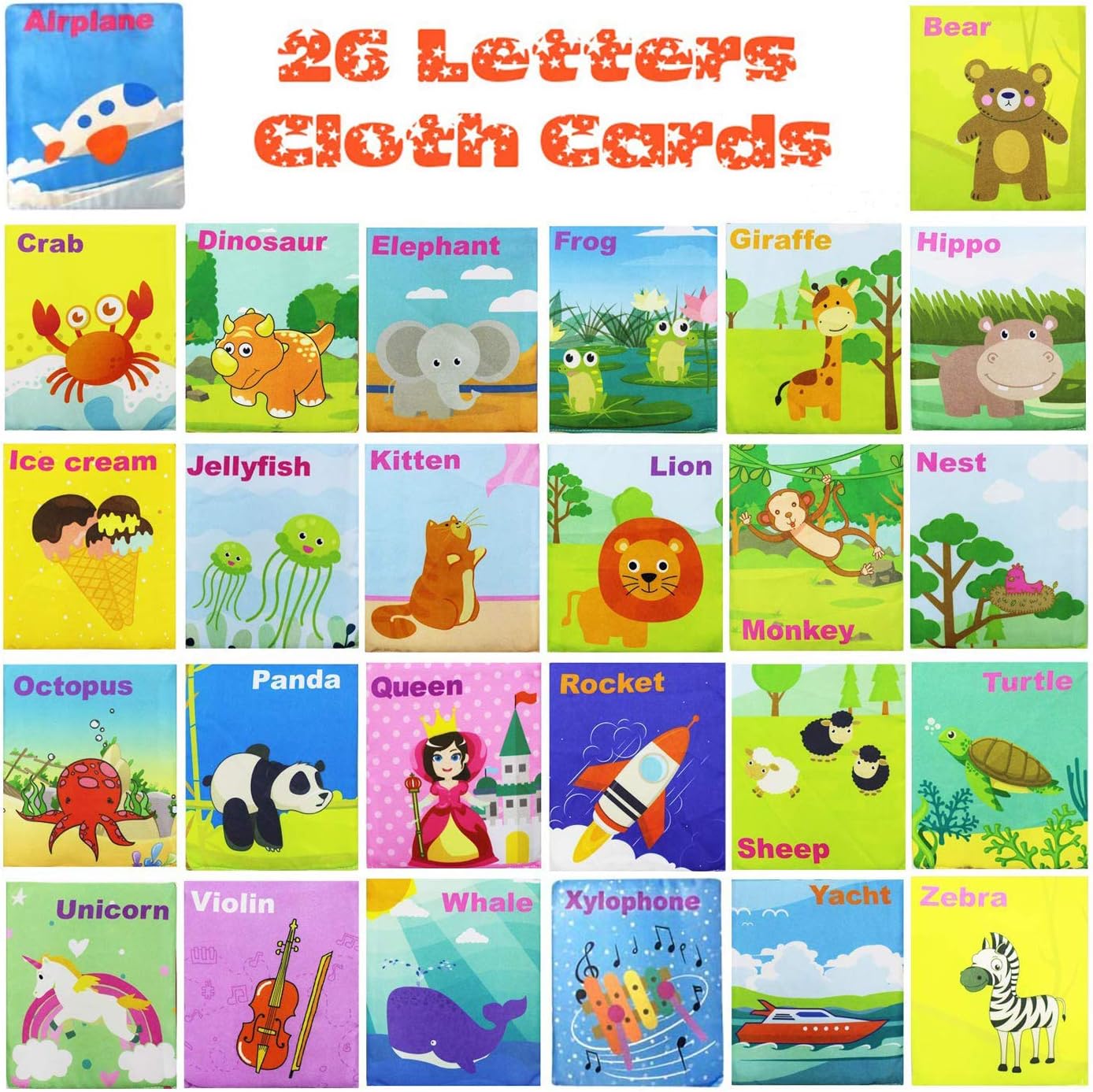Adpartner Soft Alphabet Cards Baby Learning Toys, 26 Letters Cloth Alphabet Flash Cards for 1 Year Old Infants & Toddlers, Washable Early Educational Toy with Storage Drawstring Bag for Babies