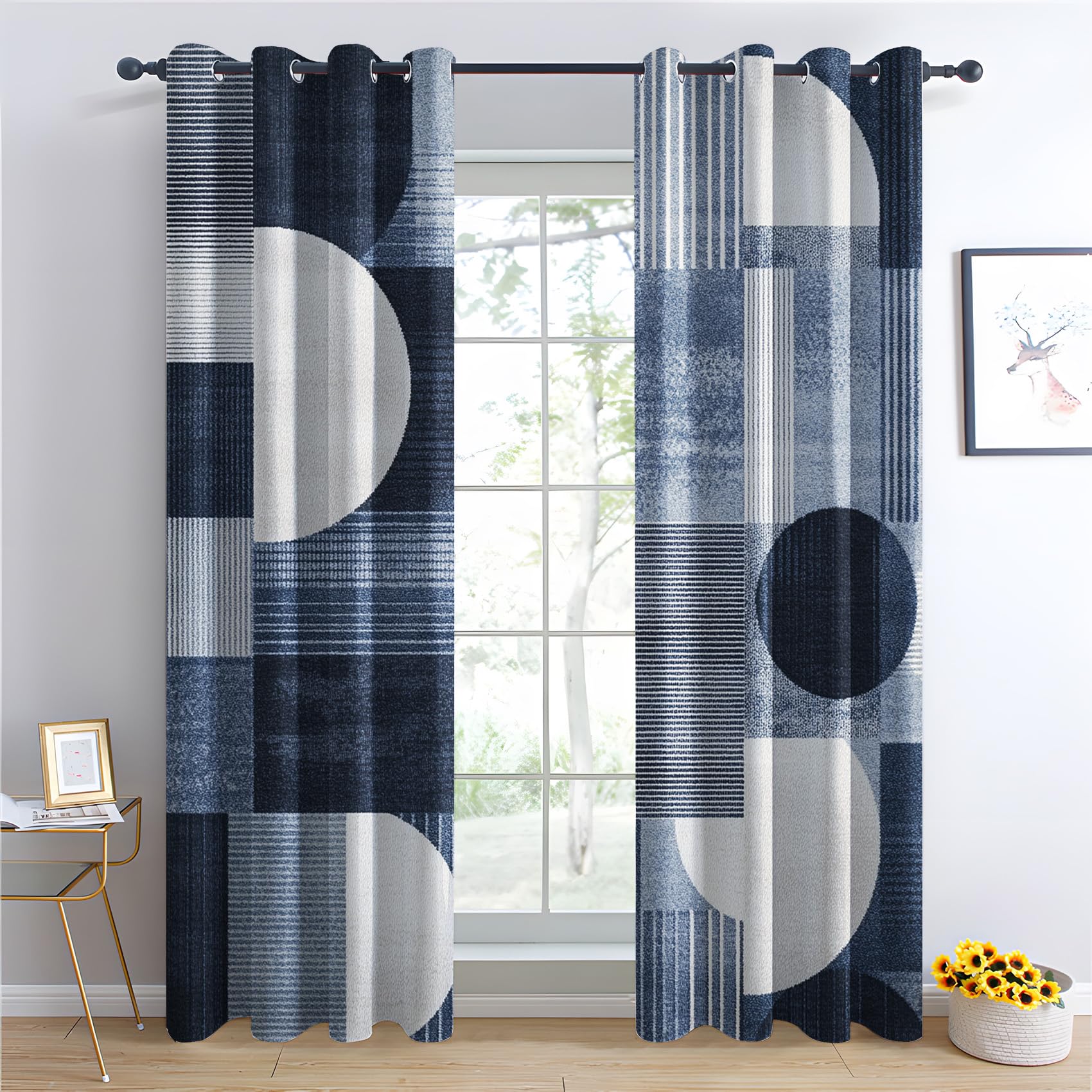 Luxfieo Geometric Blackout Curtains for Living Room Bedroom - 84 Inch Drop Curtains 52x84, Blue and Grey Modern Patterned Window Treatments, Thermal Eyelet Drapes 2 Panels U#95