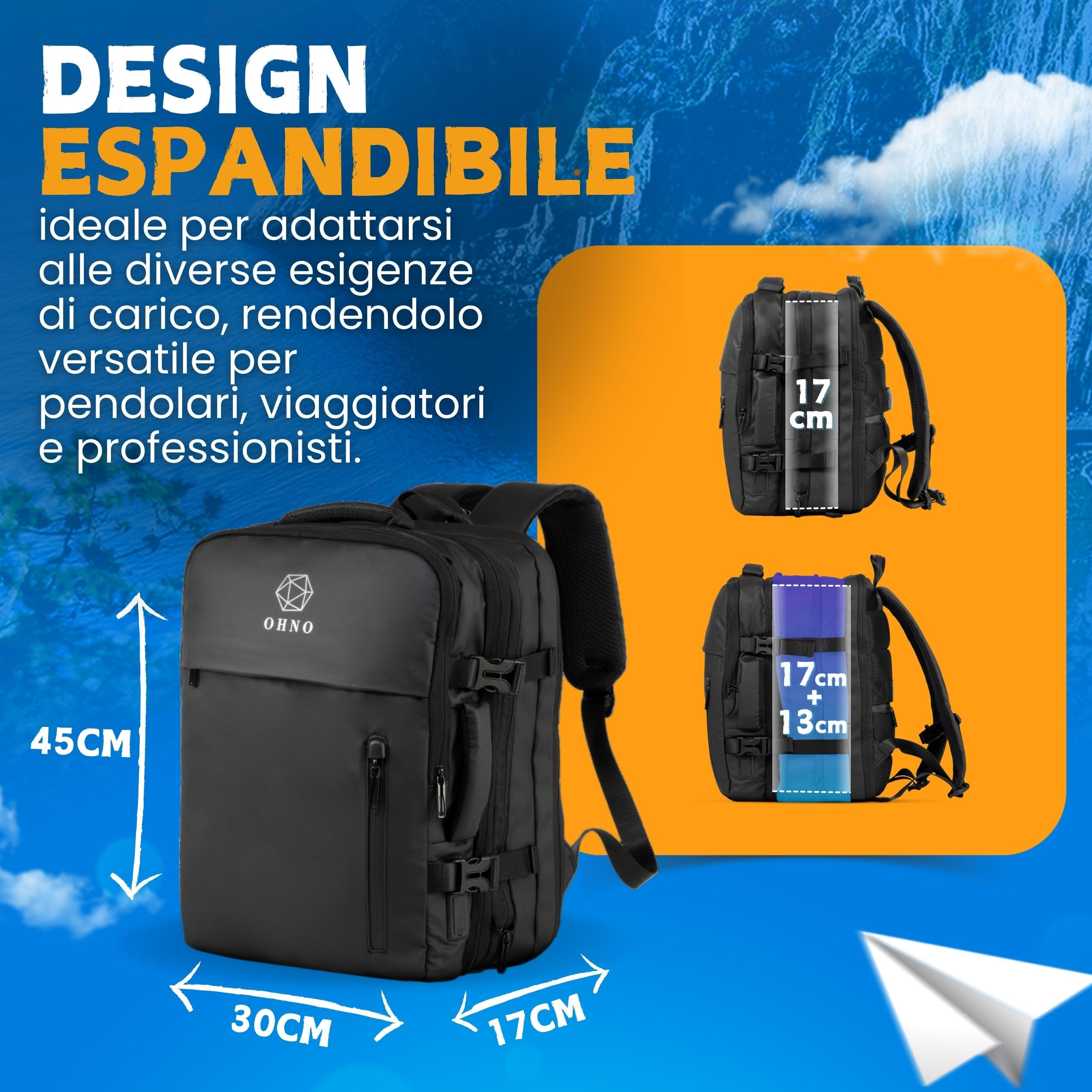 O H N O - Mochila de viaje Ryanair expandible impermeable y antirrobo - Mochila de viaje avión equipaje de mano con puerto USB y compartimento para PC - Mochilas para avión, trabajo y universidad,