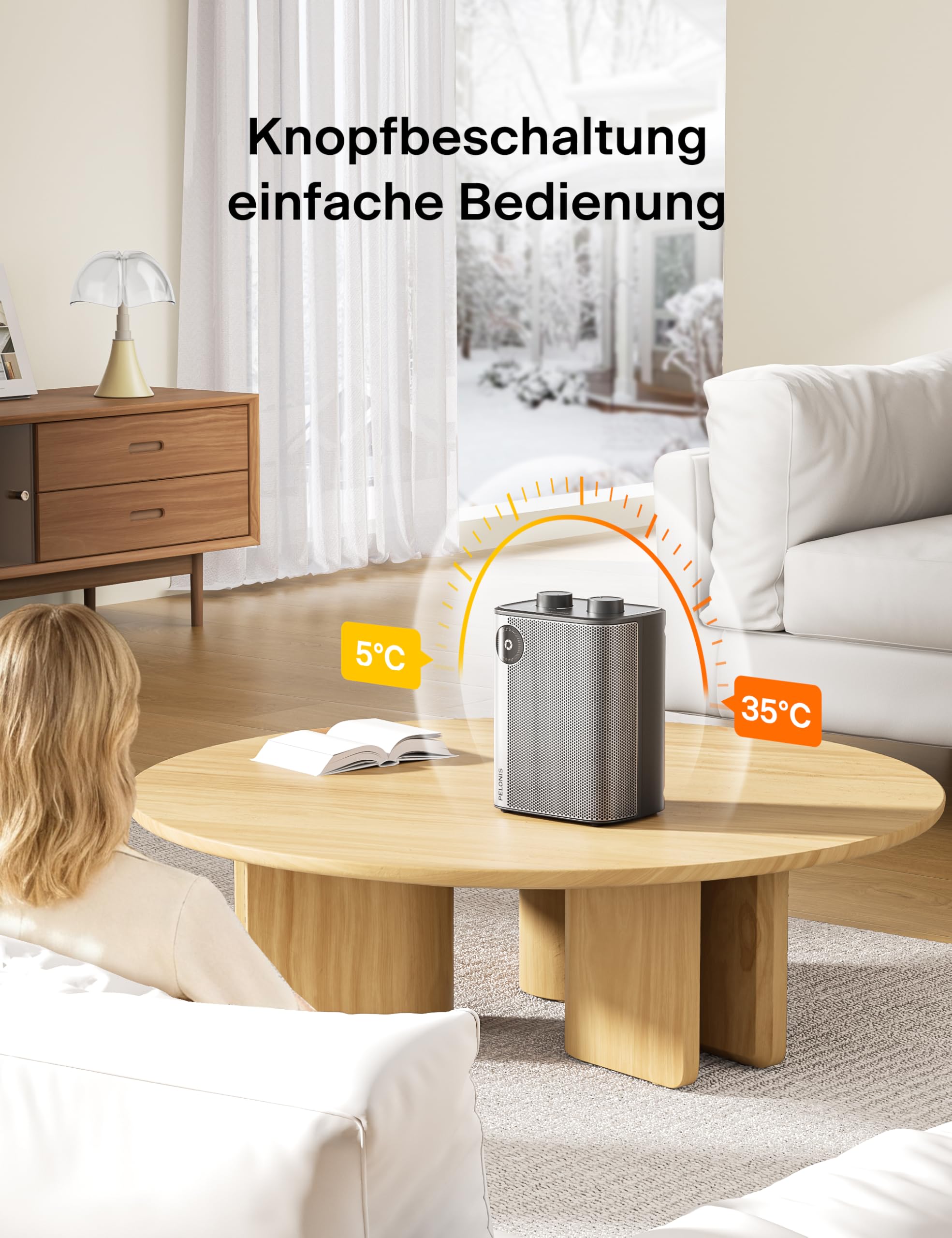 PELONIS Keramik Heizlüfter Mini 2000W, 2S Schnellheizung, 3 Heizstufen + Lüfter, Leise Tischheizung mit Überhitzungs & Kippschutz für Büro, Schreibtisch & Homeoffice