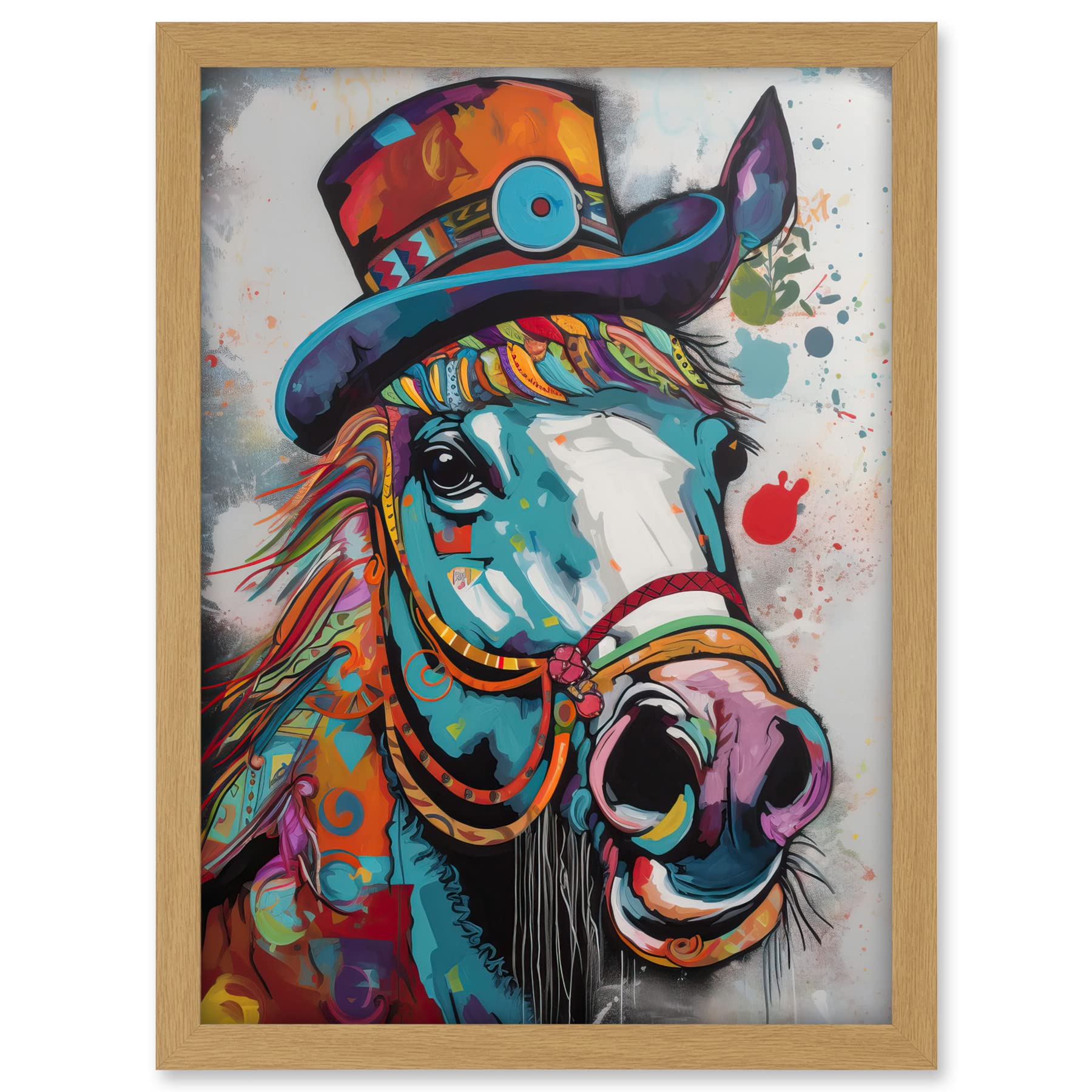 Artery8 Horse Hippie in Multicoloured Bridles and Top Hat Artwork Framed A3 Wall Art Print