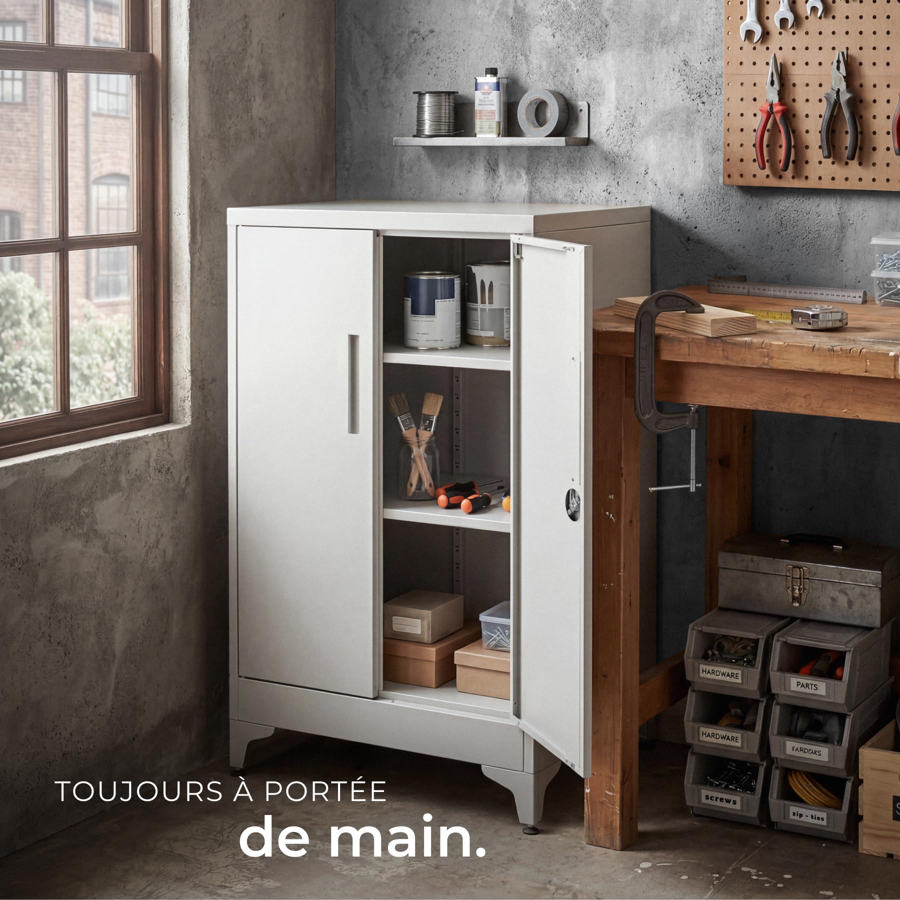 tectake® Armoire à dossiers 60 x 40 x 100 cm, Portes à Fermeture magnétique verrouillables, 2 étagères réglables, Armoire de Bureau en Acier thermolaqué, Meuble de Rangement Dossiers, Classeurs - Gris