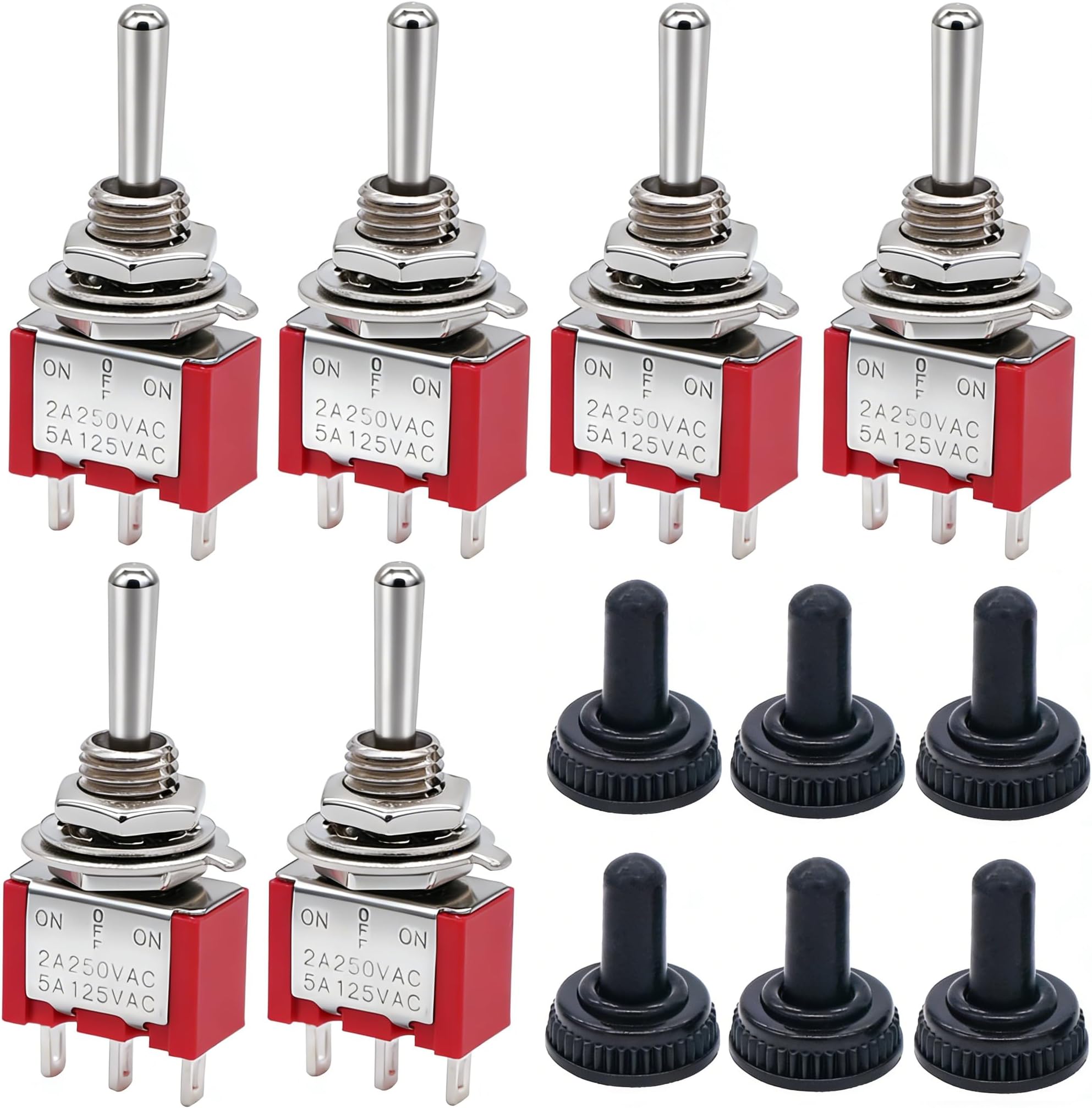 Twidec/6Pcs Mini Momentary Toggle Switch SPDT 3 Position 3 Pins (0N)-Off-(ON) Miniature Toggle Switch AC 5A/125V 2A/250V Car Boat Switches with Waterproof Cap MTS-123-MZ