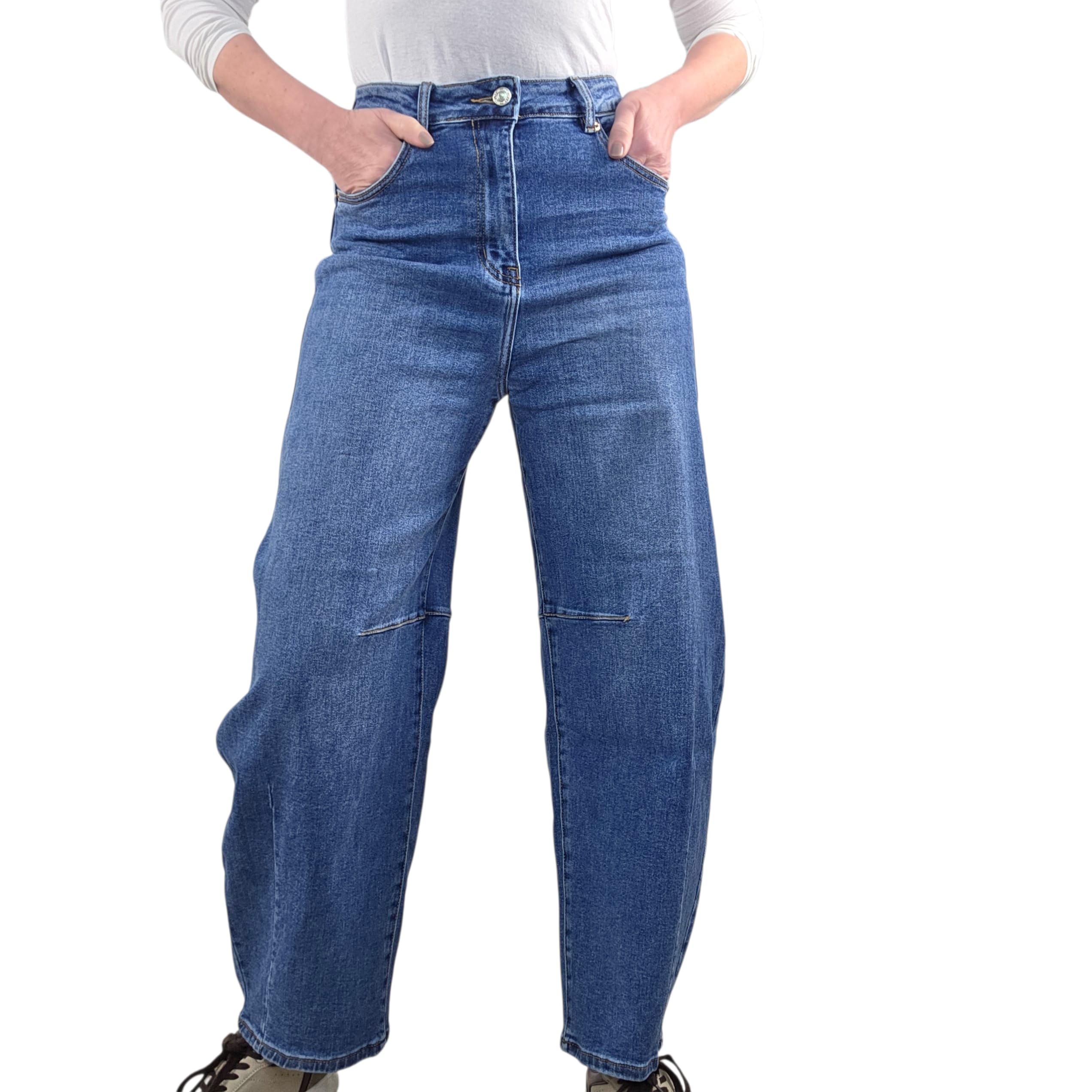 Jewelly Jean baril, jambes larges, longueur courte, coupe droite, baggy, denim extensible, taille haute, style jean maman