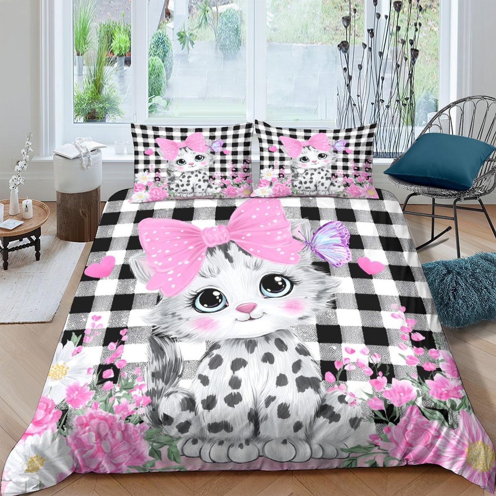 Ctjqhvkz Style-1 3D Printed Cute Cat Bow Fitted Sheet Microfiber Black White Gingham Heart Bed Cover For Bedroom Guest Room Decor Single（135X200cm）