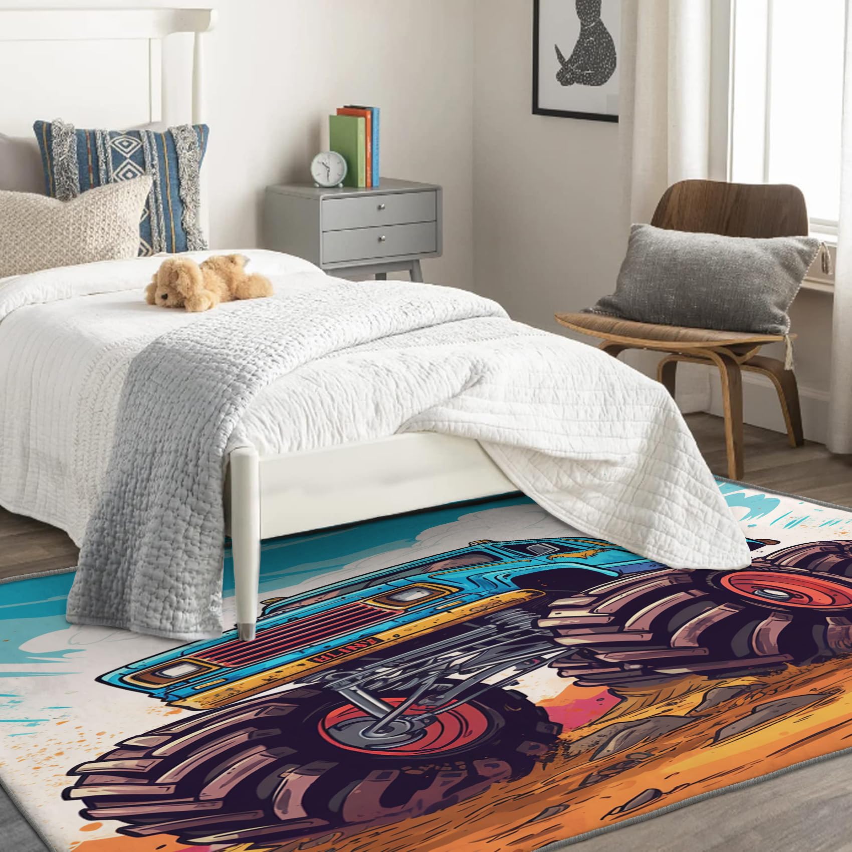 Monster Truck Rug & Home Decor - 4x6 Rug, Kids Rugs for Living Room Bedroom, Boys Carpet, Washable Non Slip Soft Low Pile Indoor Area Rug & Room Decor