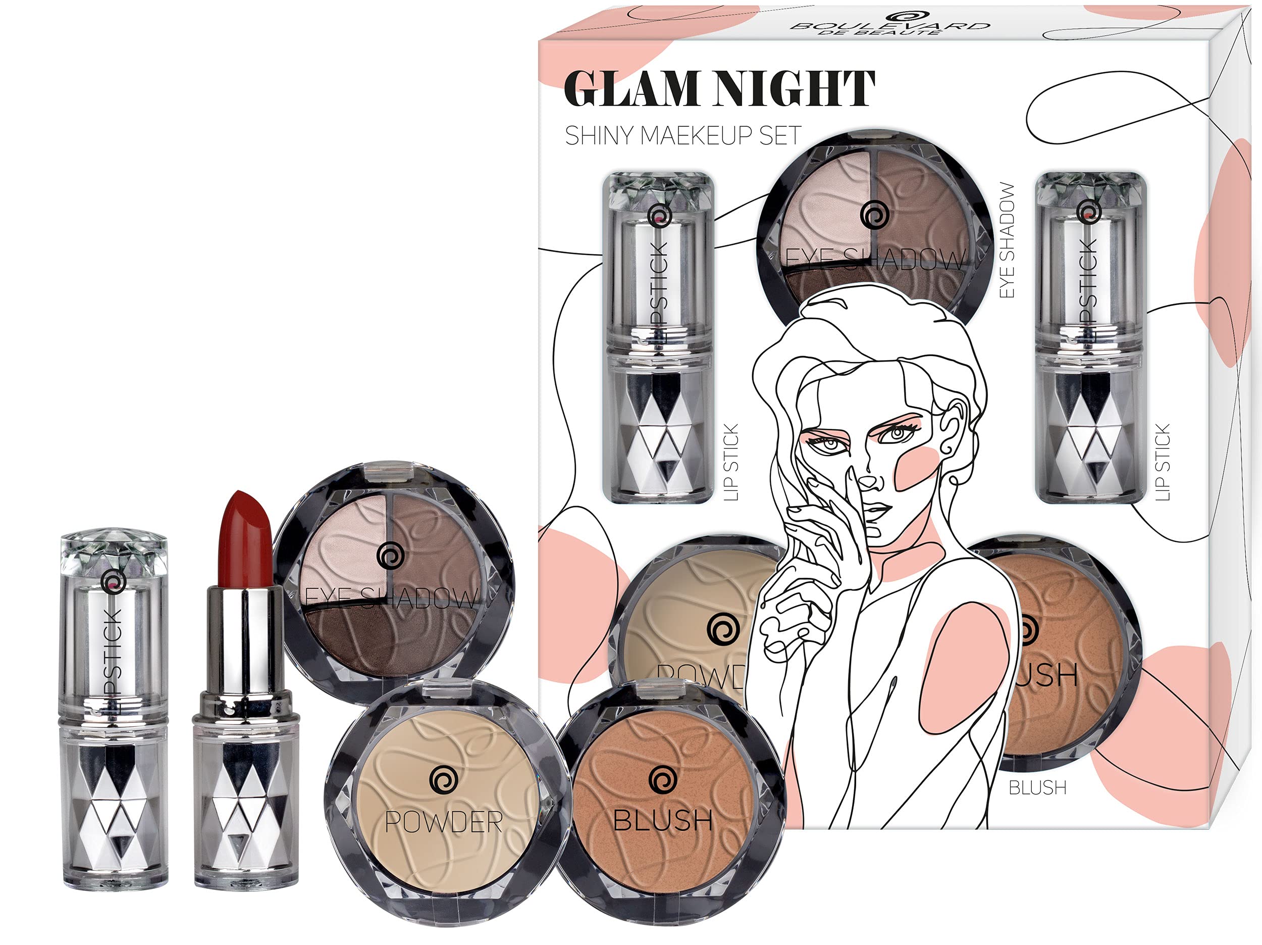 Boulevard de BeautéBeauty set with gift packaging, 5 pieces, 2 lipsticks, powder and highlighter, beautiful gift idea for women