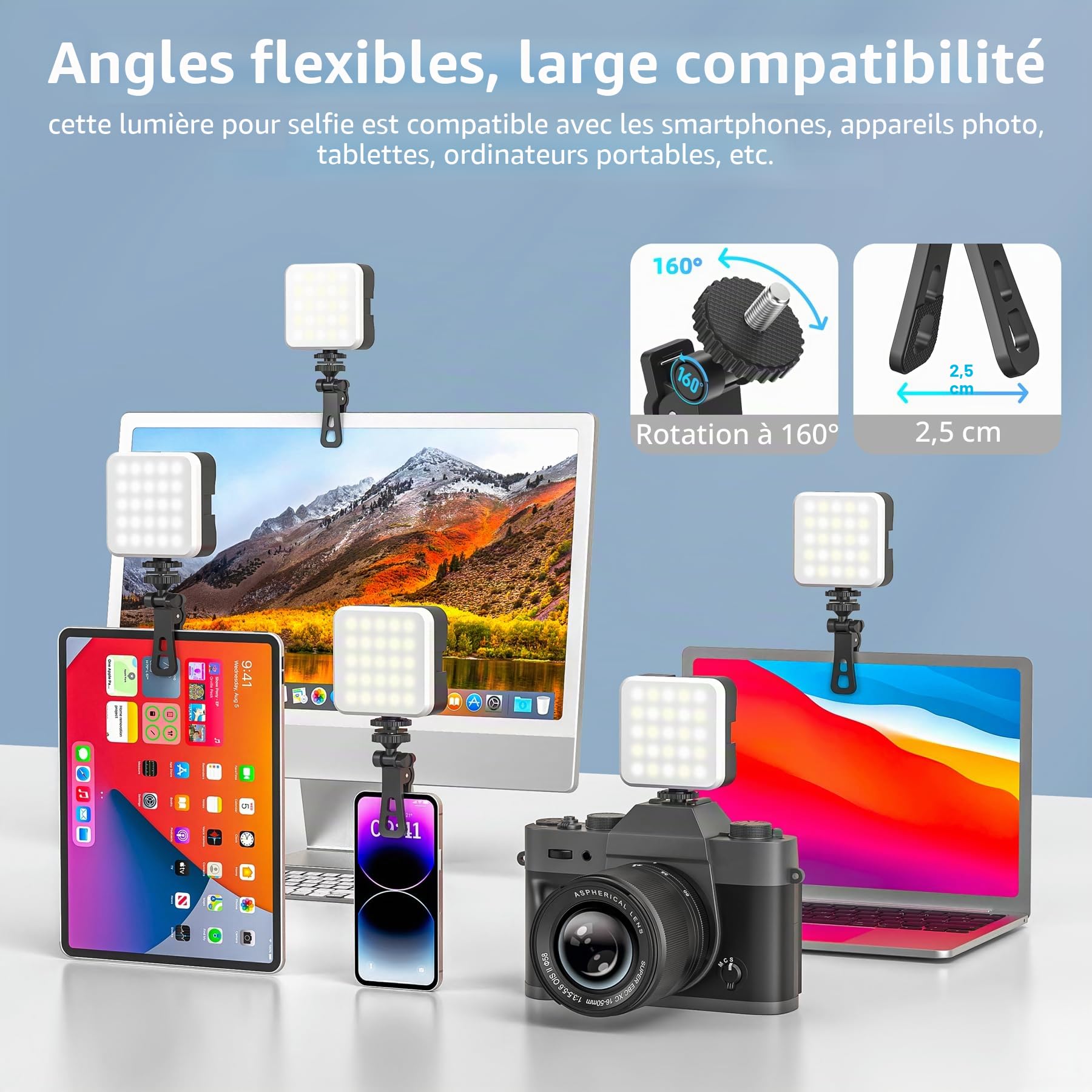 Zeadio Lampe vidéo Portable pour Selfie avec Clip, lumière LED Rechargeable IRC 95+/20 Modes scène/3000 K-7000 K avec 3 Supports Griffes, Lot de 1