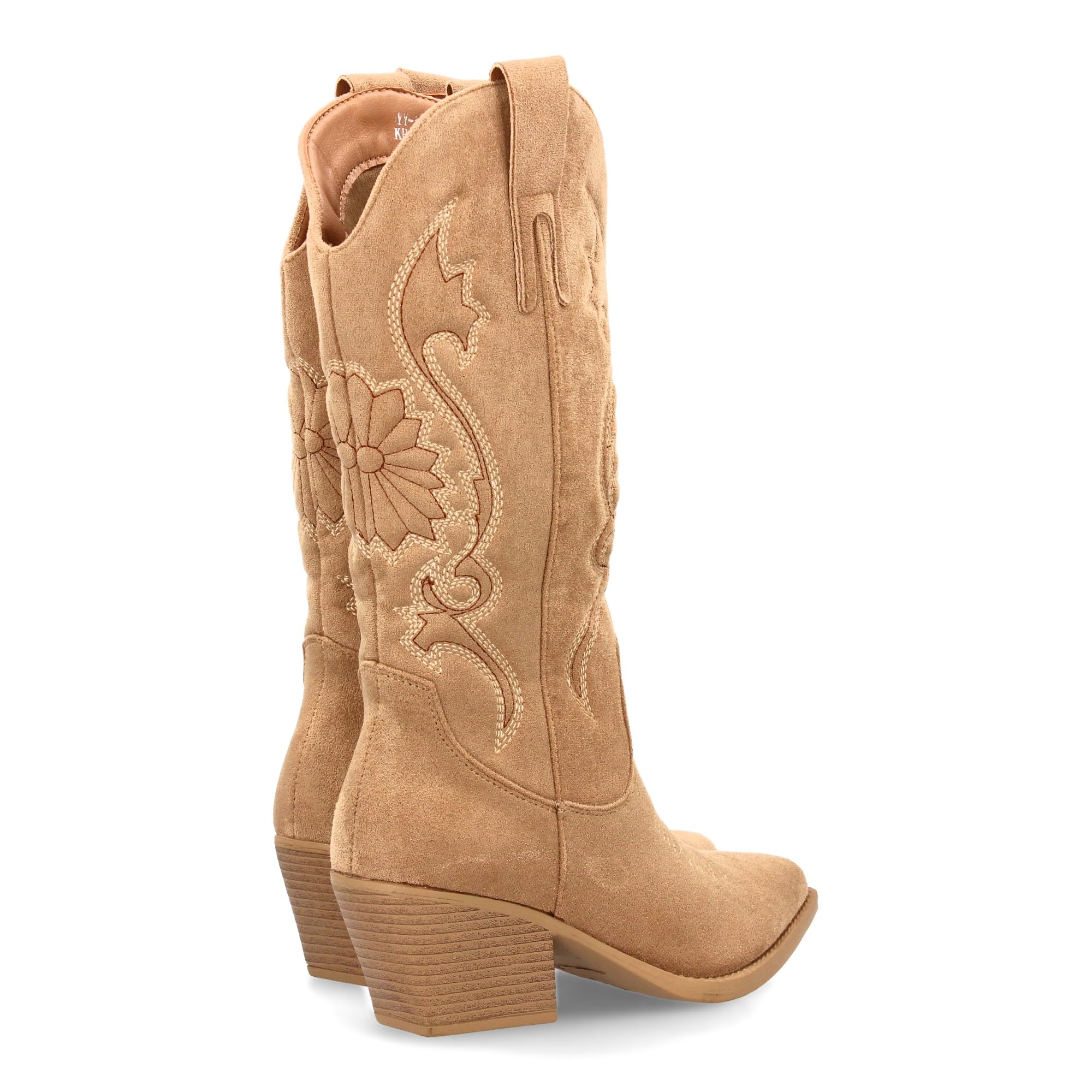Bota Cowboy de Cana Alta con Bordados para Mujer. Tacon Medio y Punta Fina, Estampado Liso. Estilo campero y Cierre de Cremallera, Ideales para Temporada Otono Invierno.