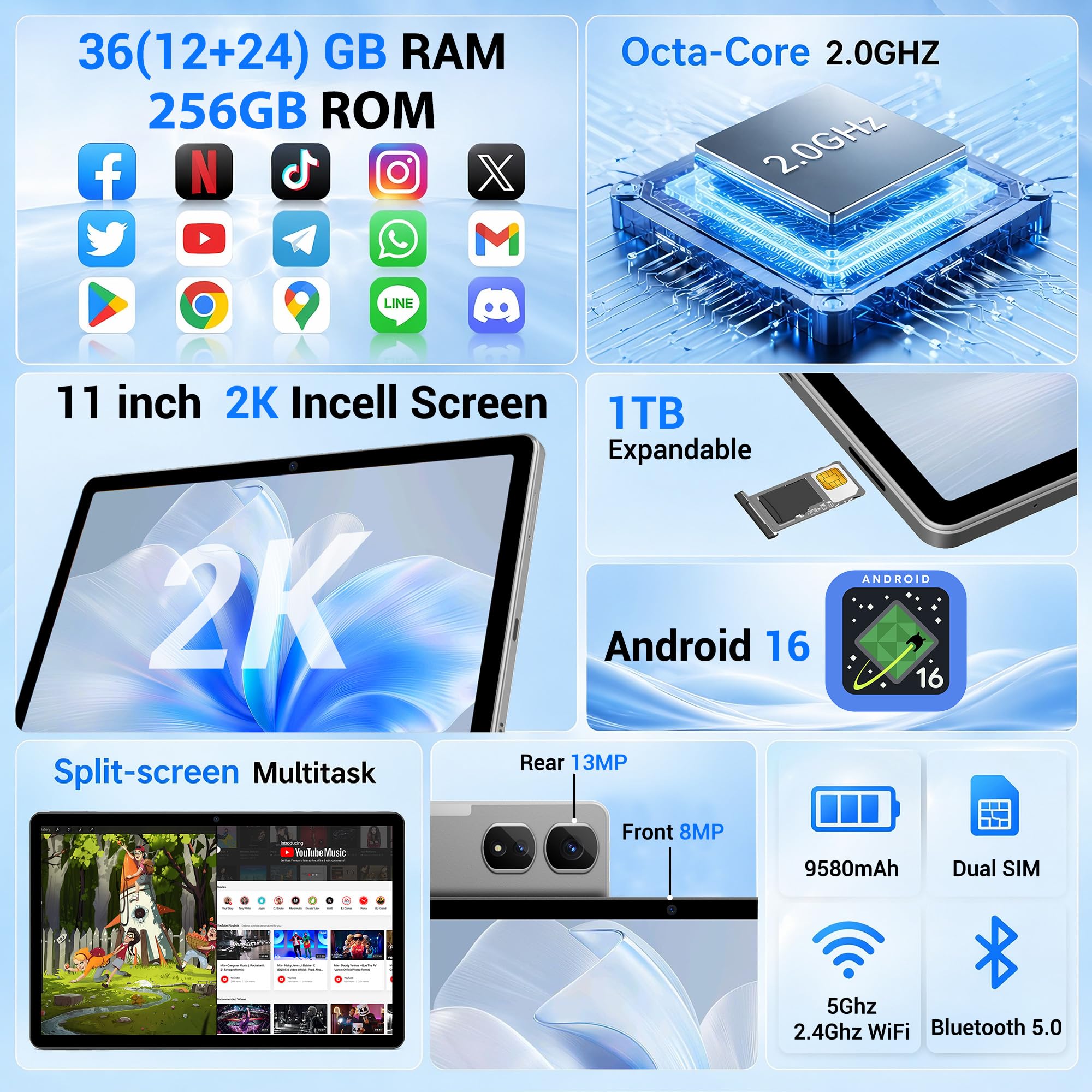 Tablet 11 Zoll, Android 16, 2K FHD, 36GB RAM+256GB ROM/1TB TF, 4G LTE Dual SIM+5G WLAN, 2GHz Octa-Core Android 16 Tablet mit 9580mAh, 13MP, GPS, GMS, Tablets mit Tastatur/Stift/Maus/Hülle