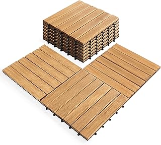 Pack of 10 Deck Tiles - 12"x12" Interlocking Natural Solid Acacia Wood for Outdoor & Indoor, Patio Garden, Balcony, Poolside - Natural6 Color