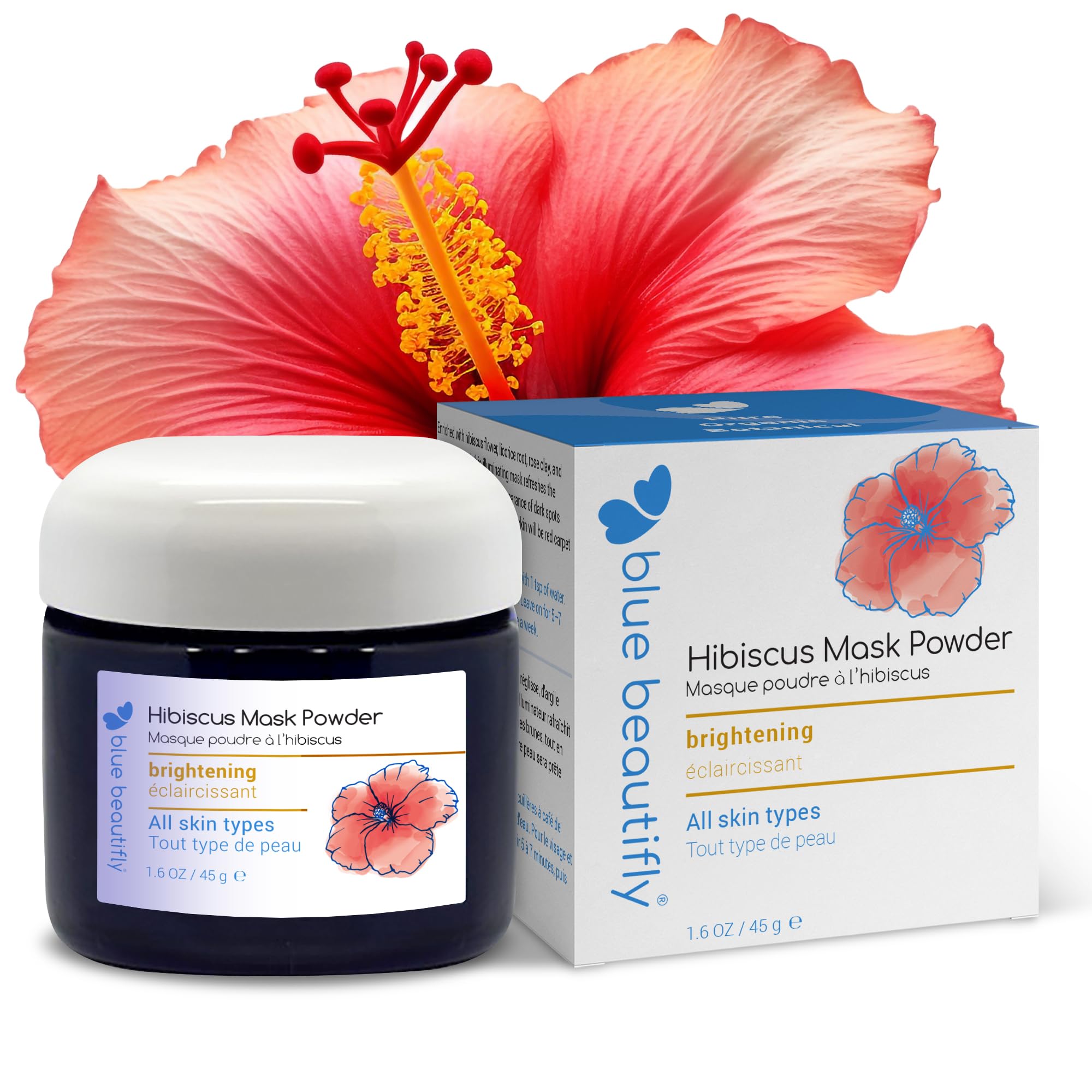 Blue BeautiflyHibiscus Mask Powder | Refreshes the Complexion & Brightens Dark Spots | 100% Organic Plant Powders, Colloidal Oatmeal, & Pure Rose Clay | Reveals Skin’s Natural Youthful Glow | 1.6 oz