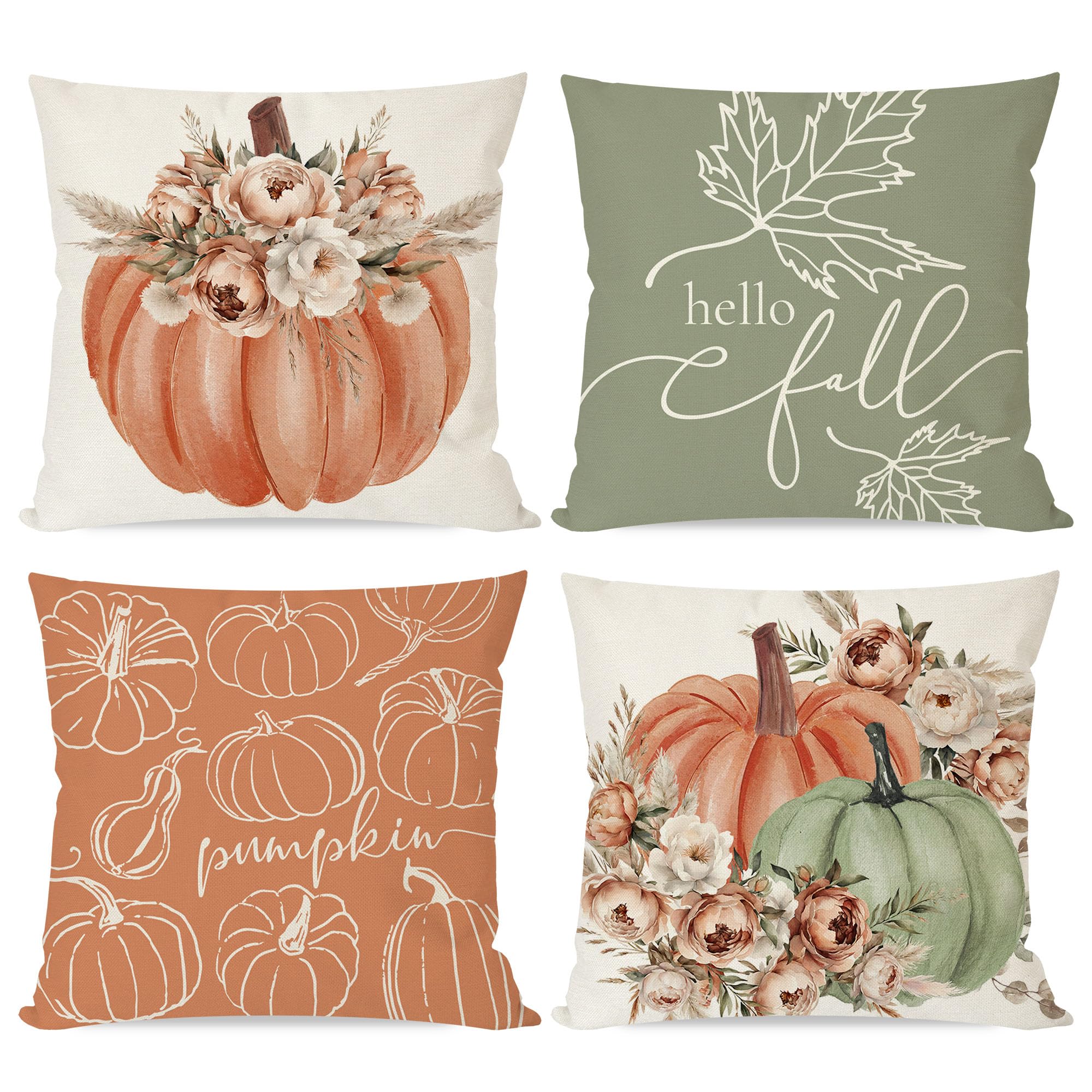 PANDICORN Boho Orange and Sage Green Pumpkin Hello Fall Throw Pillow Covers 18x18 Inch Pampas Floral Outdoor Farmhouse Cottage Autumn Decorations