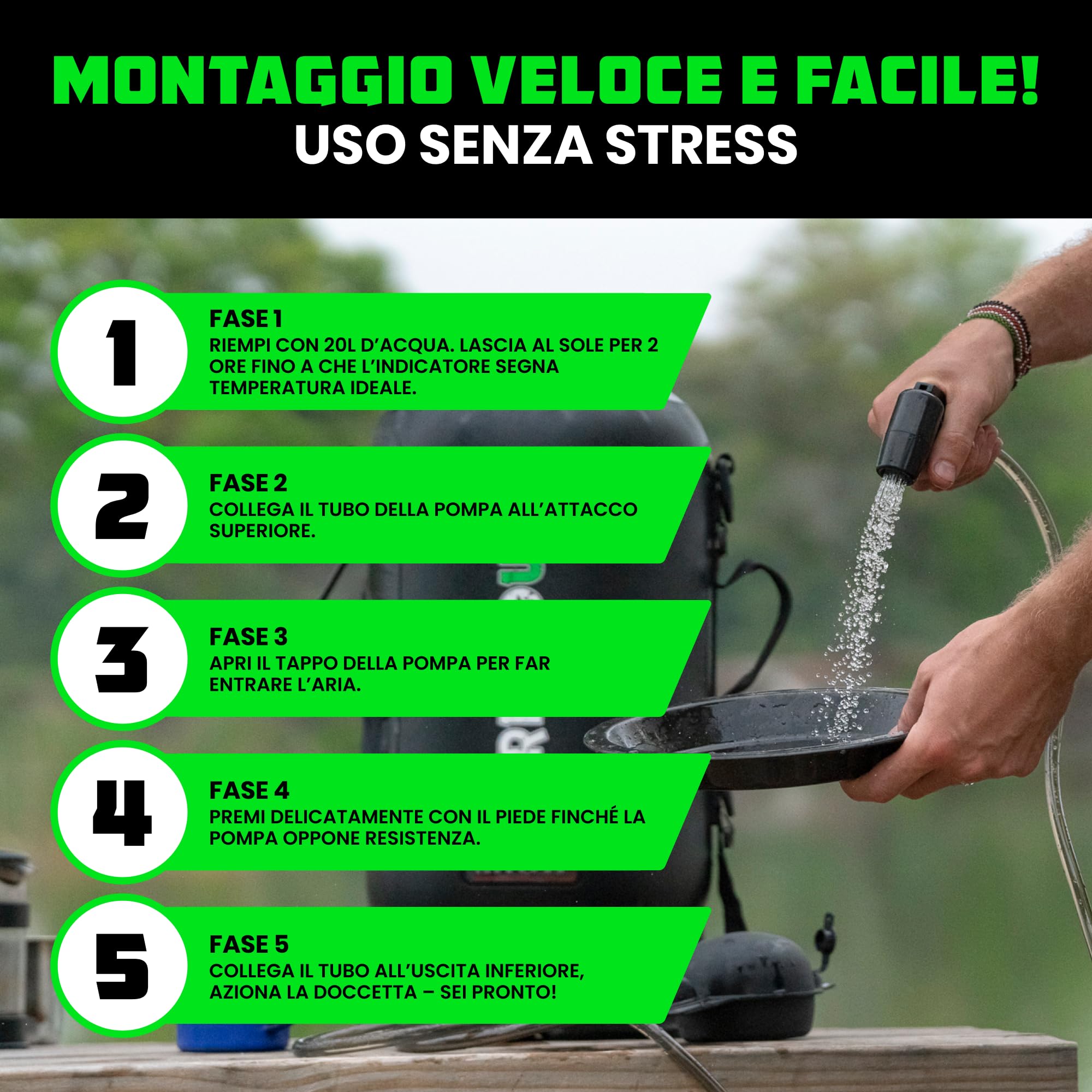 Rhino USA Doccia portatile da campeggio solare da 20 l, essenziale per campeggio, festival, overlanding, gite in spiaggia, doccia all'aperto e molto altro ancora