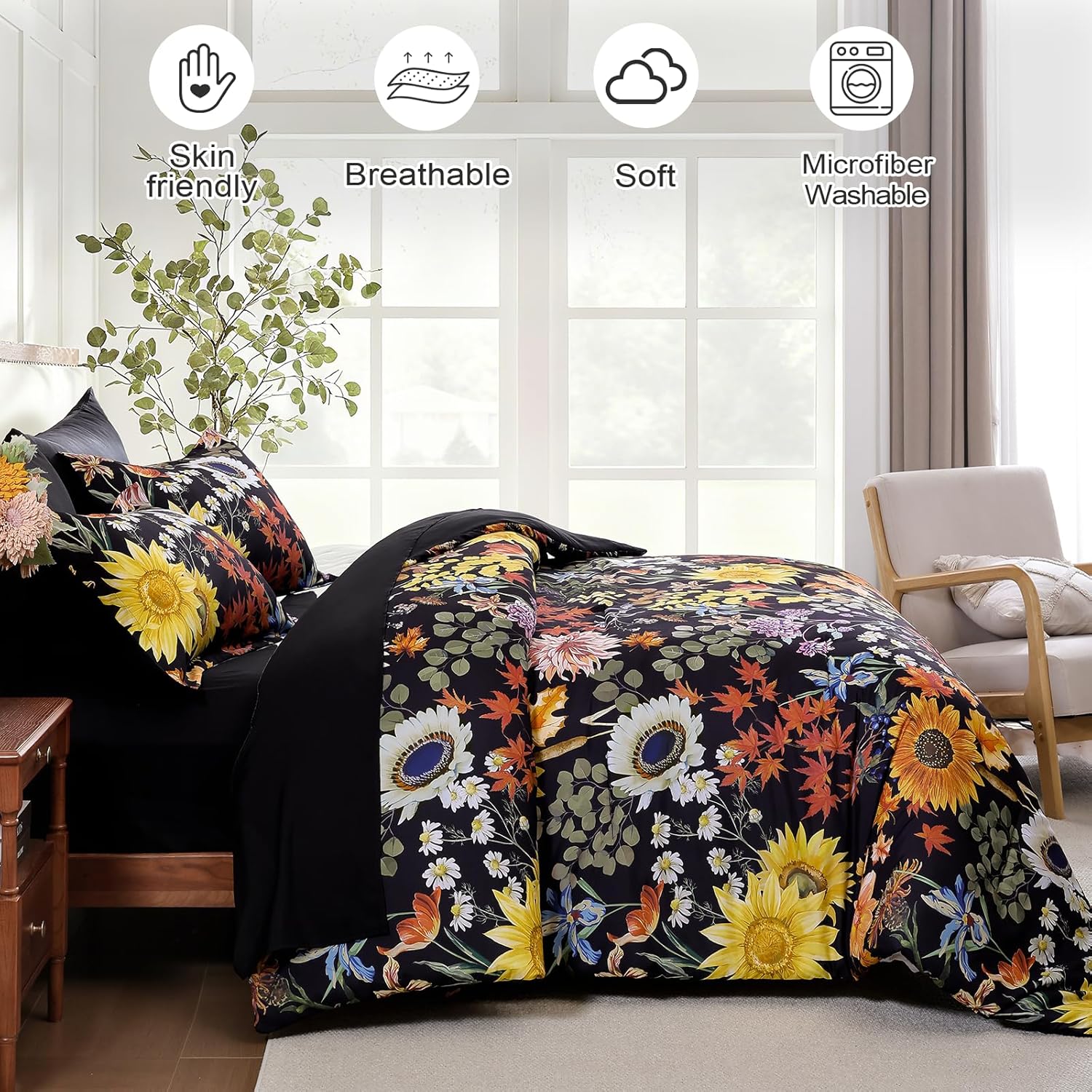 Yiran Bed in a Bag King Black Yellow Comforter Set 7 Pieces Soft Microfiber Sunflower Floral Bedding Set with 1 Comforter 1 Flat Sheet 1 Fitted Sheet 2 Pillowshams 2 Pillowcases