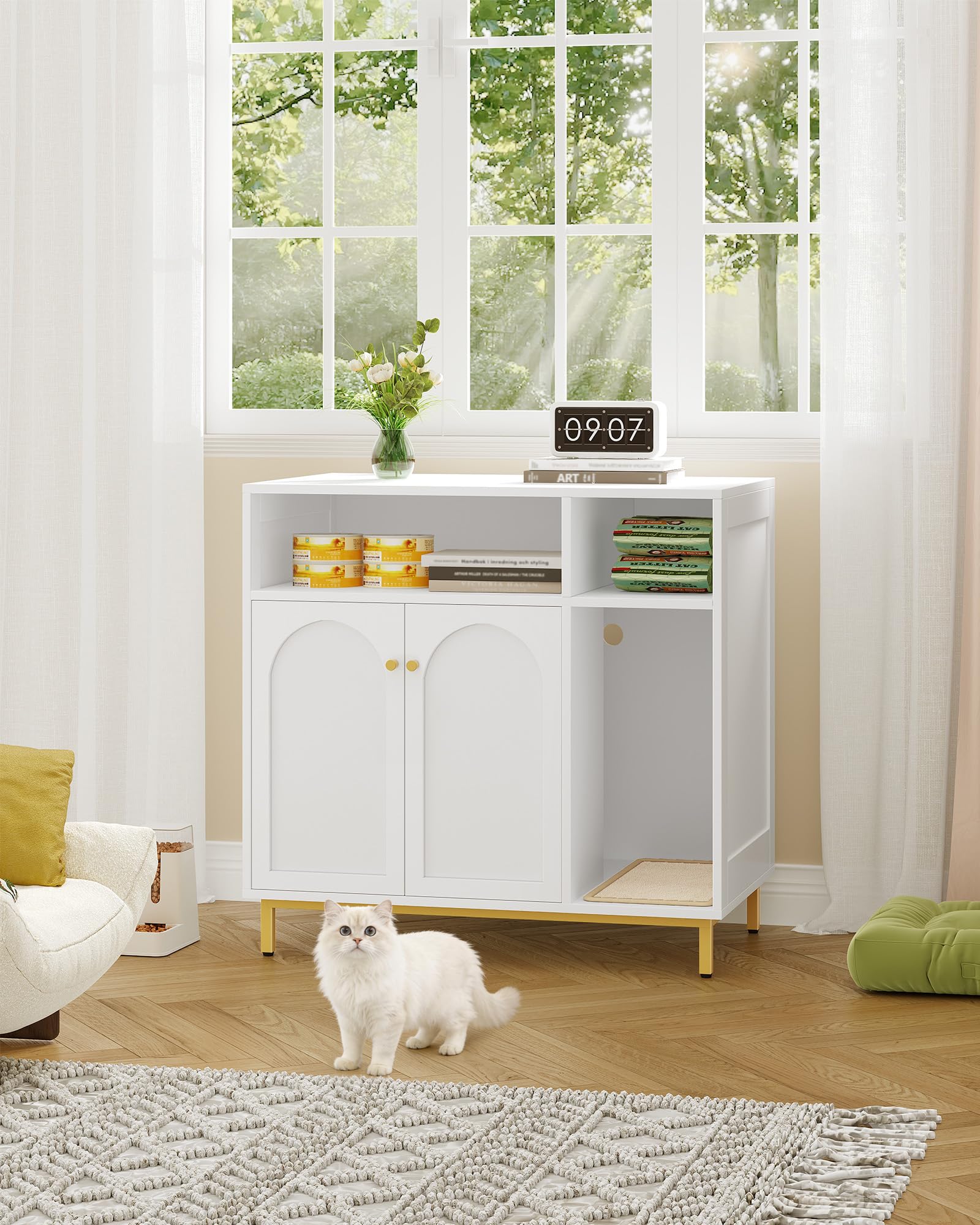 Cat Litter Box Furniture, Hidden Cat Litter Box Enclosure with Storage, Wooden Cats Cabinet with Scratch Pad, Cats House, Modern End Table for Living Room Entryway, White and Gold CB87603G - image 2