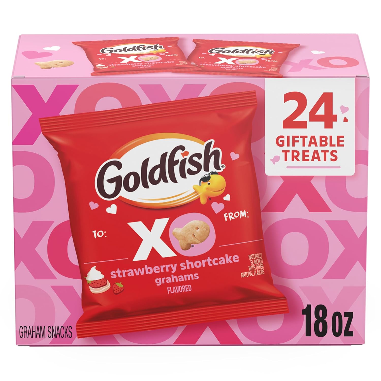 Goldfish Strawberry Shortcake Valentine's Day Baked Graham Snacks, 24 Count Pouches - Fun Gifting Treats