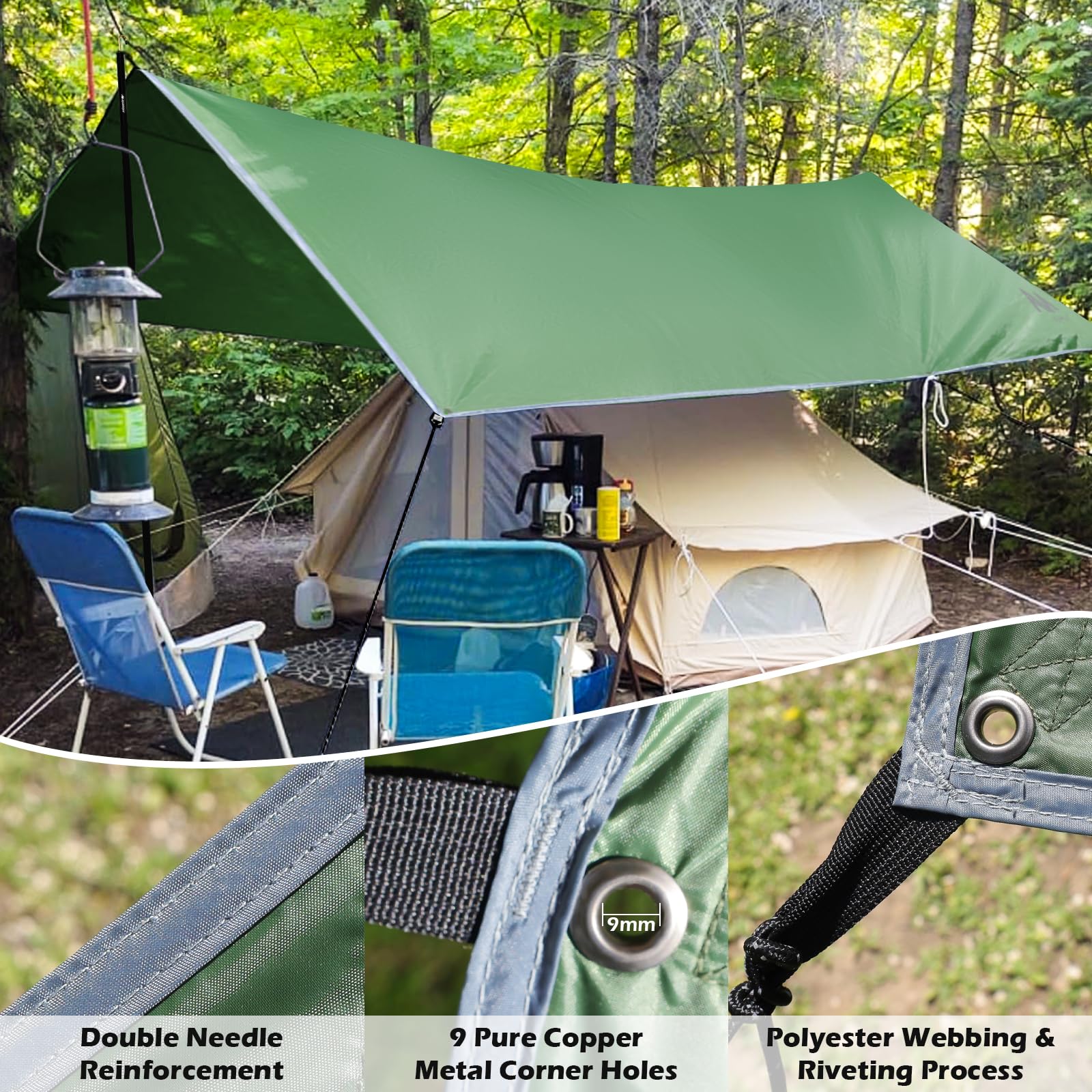 Tarp mit Stangen Zeltplane Wasserdicht, Tarp 3x4,5m Zeltplane Wasserdicht mit Ösen Camping Plane Sonnensegel Shelter für Camping Hängematte Wandern Picknick Reisen Outdoor Aktivitäten Terrassen