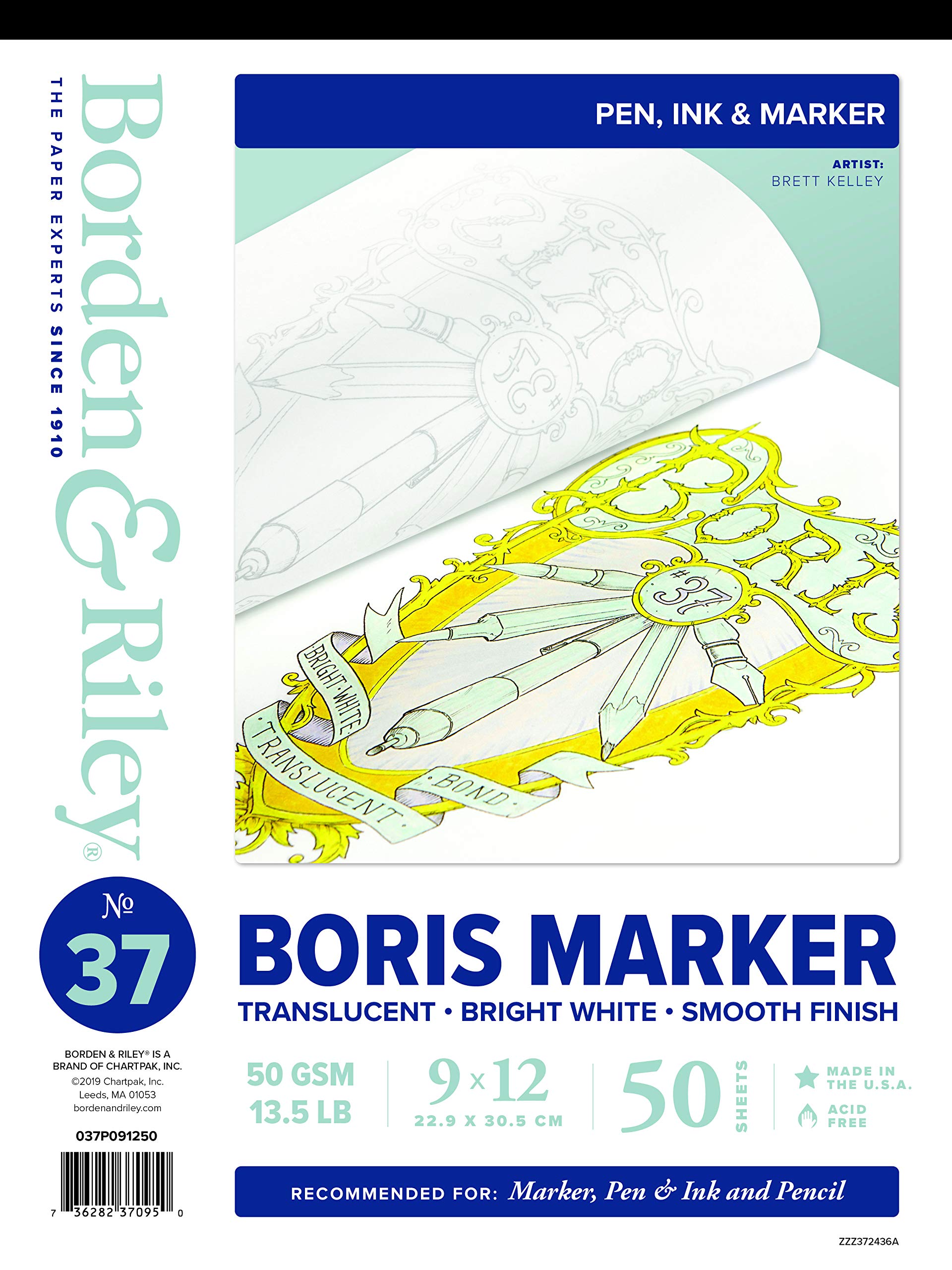 Borden & Riley 9" x 12" #37 Boris Marker Layout Bright White Translucent Bond Pad, 13.5 lb, 50 White Sheets, 1 Pad Each (037P091250)