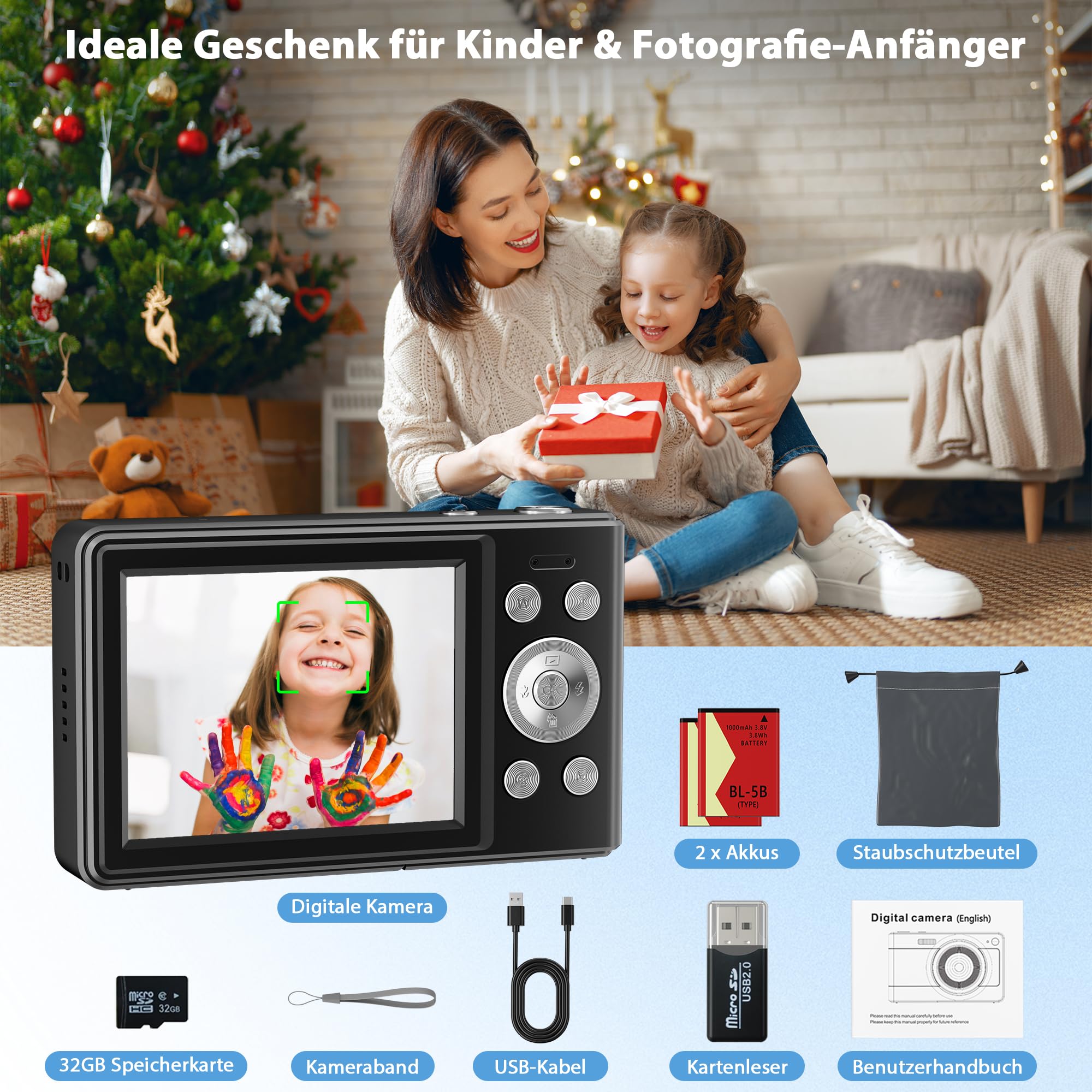 Digitalkamera 56MP 1080P Fotokamera mit 32GB SD-Karte & 2 Akkus, 16-Fach Digitalzoom mit 2,8" LCD-Display, Fotoapparat Kompakt Digitalkamera für Einsteiger, Jugendliche und Studenten, Schwarz