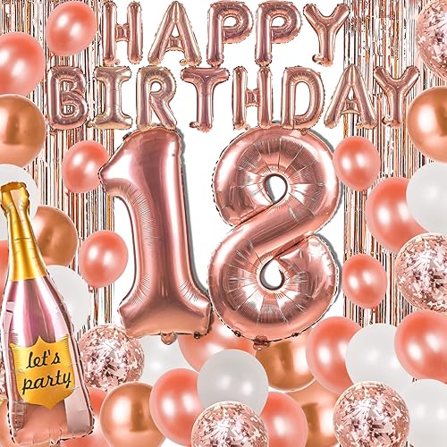 PartyWoo Decoraciones de cumpleaños número 18, 29 piezas de decoraciones de fiesta de oro rosa, globos de feliz cumpleaños, globos del número 18,