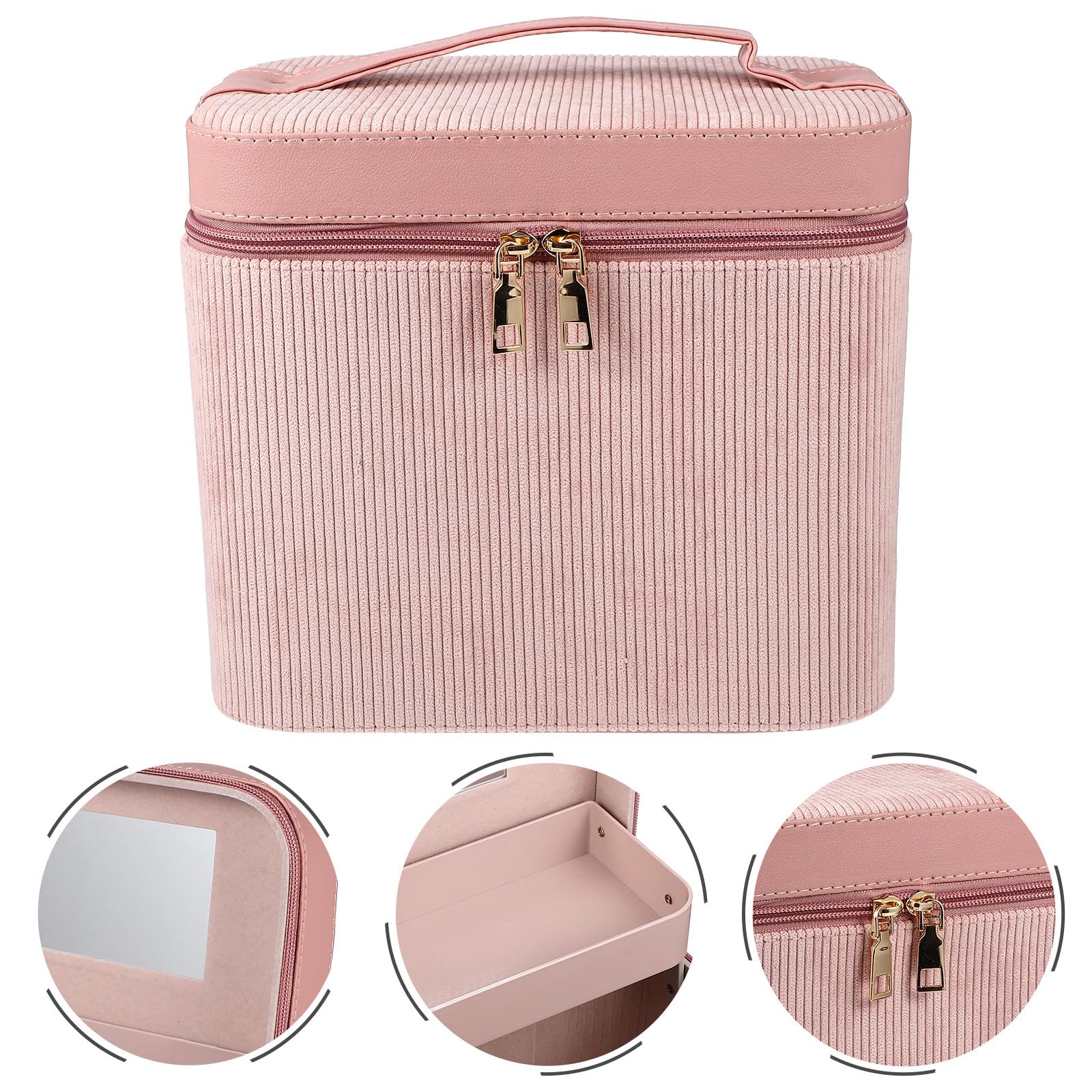 Corduroy Kosmetikkoffer Rosa Doppellagiger mit Spiegel für Damen