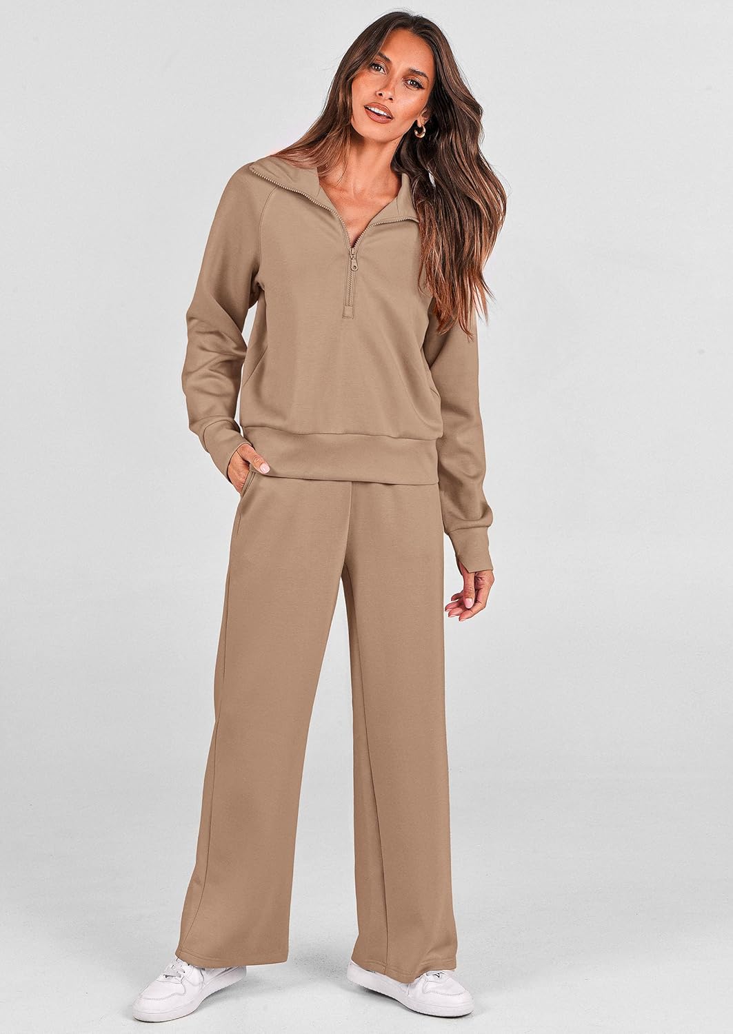 PRETTYGARDEN Women's 2 Piece Outfits Casual Lapel Half Zip Sweatshirts and Wide Leg Pants Tracksuit Sets - Image 5