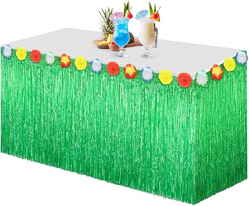 Morcheiong Paquete de 1 falda de mesa de hierba Luau, 9 pies x 29.5 pulgadas, falda de mesa hawaiana para Tiki, selva, suministros de decoración de
