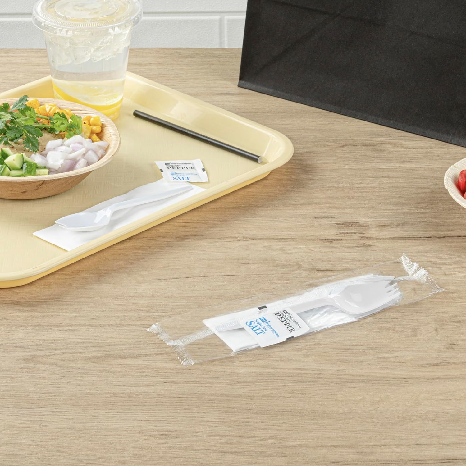Restaurantware Plastic Spork Kit 500 Count 5.3 Inch Medium Weight Black Utensil Set Individually Wrapped Spork Disposable Cutlery Set With Napkin Compact Dining Kit White
