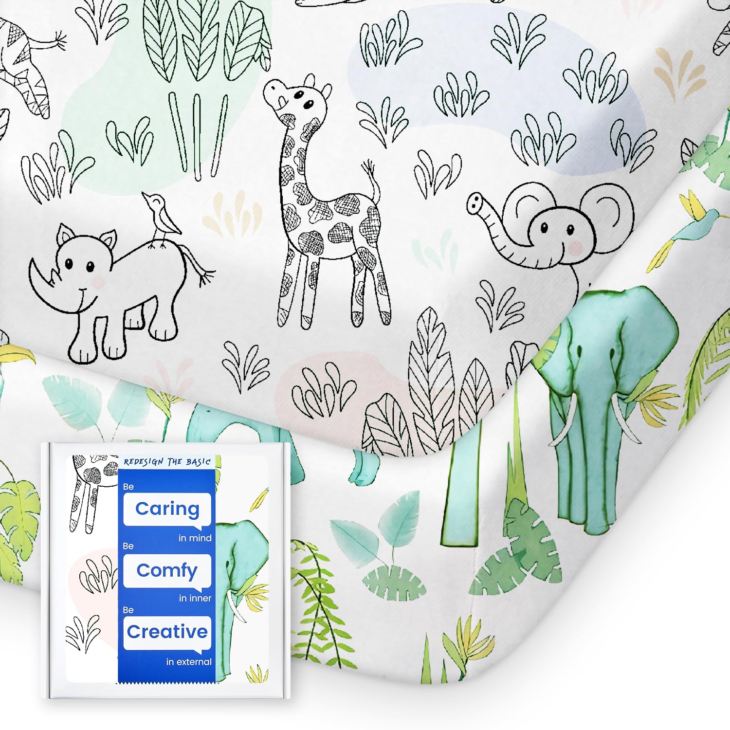 Mini Crib Sheets Boy Girl, Ultra Soft Pack N Play Sheets Fitted, Neutral Pack and Play Mattress Sheets, Premium Jersey Knit Portable Crib Sheets, Secure and Cute, Elephant &amp; Cartoon Safari