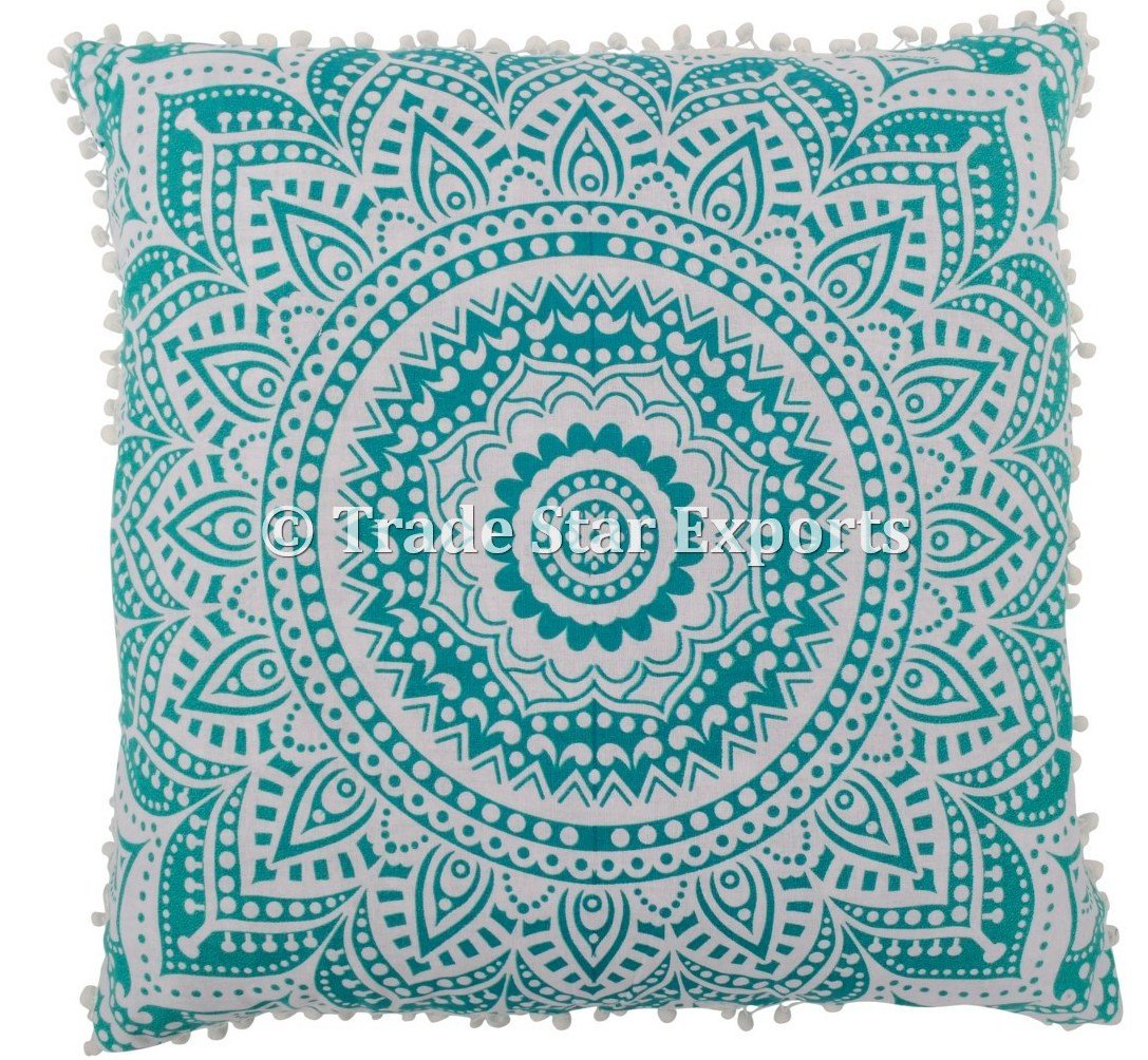 Cuscino Decorativo Mandala Indiano 66x66 Cm – Federa In Cotone Con Pompon E Cerniera – Euro Sham - 4
