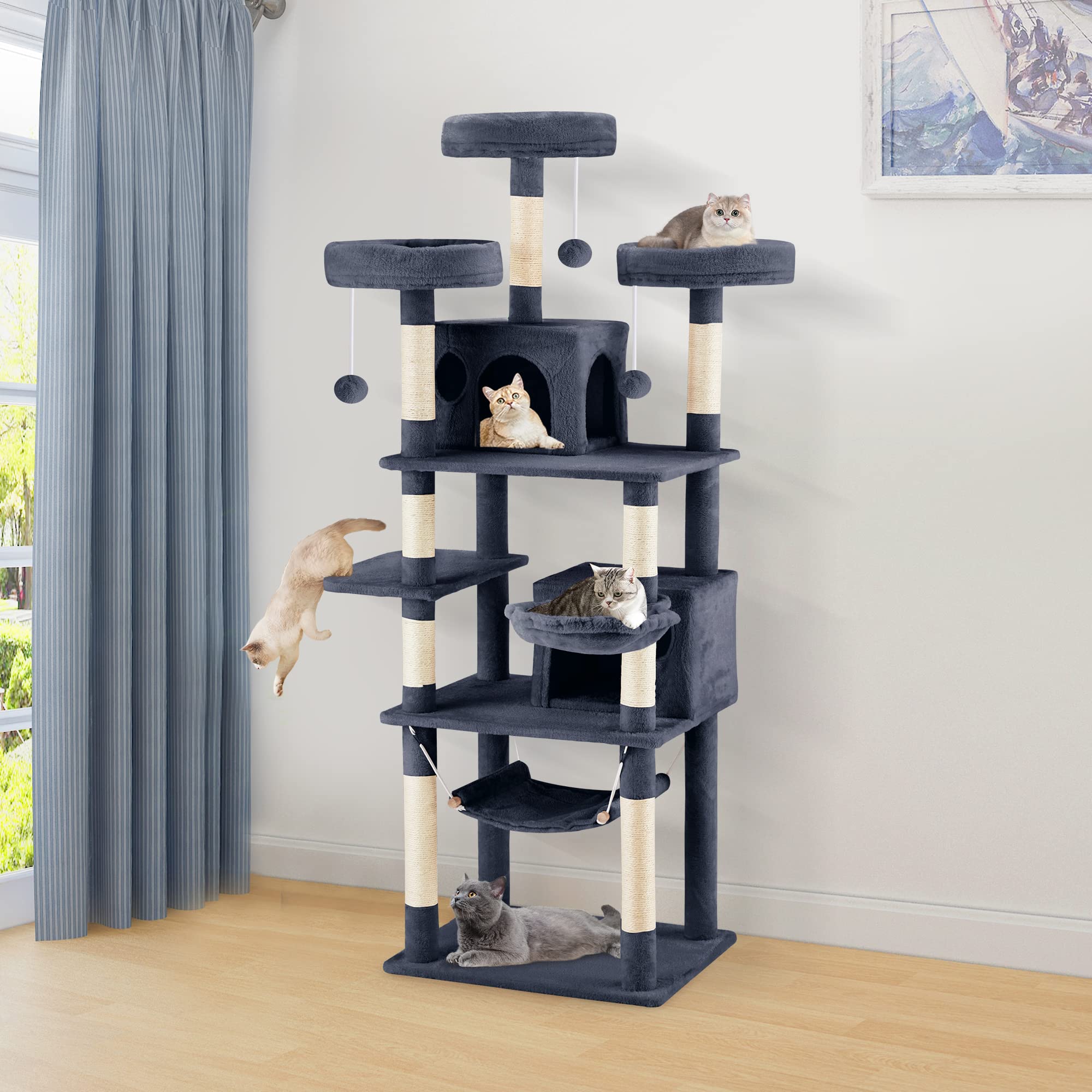Hombanyan 67in Cat Tree Cat Tower for Indoor Cats Multi Level Cat Tree with Cradle, Hammock,Scratching Posts, Cat Activity Center for Large Cats-Navy Blue
