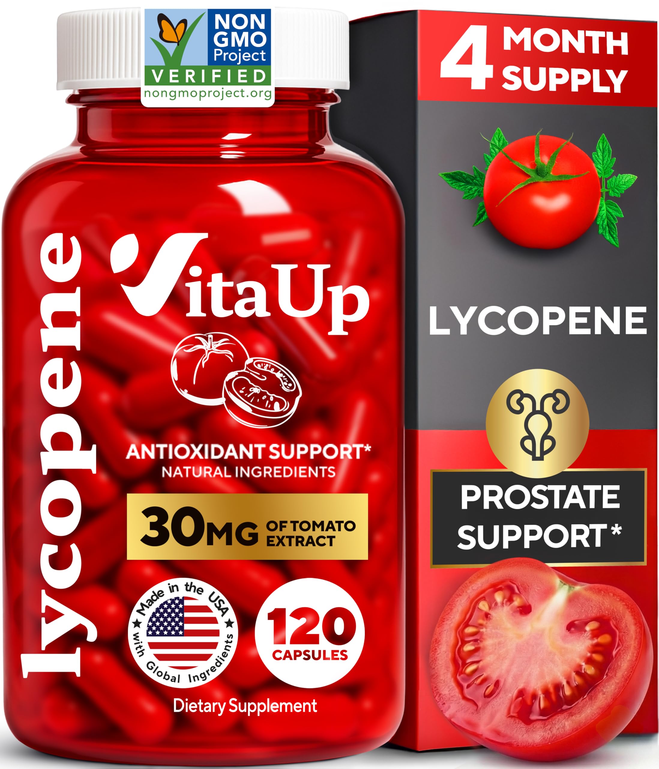Lycopene Supplements for Men - USA Made Prostate Supplements for Men with Natural Tomato Extract - Non-GMO Lycopene Supplement for Prostate, Skin & Antioxidant Support - 120 Count