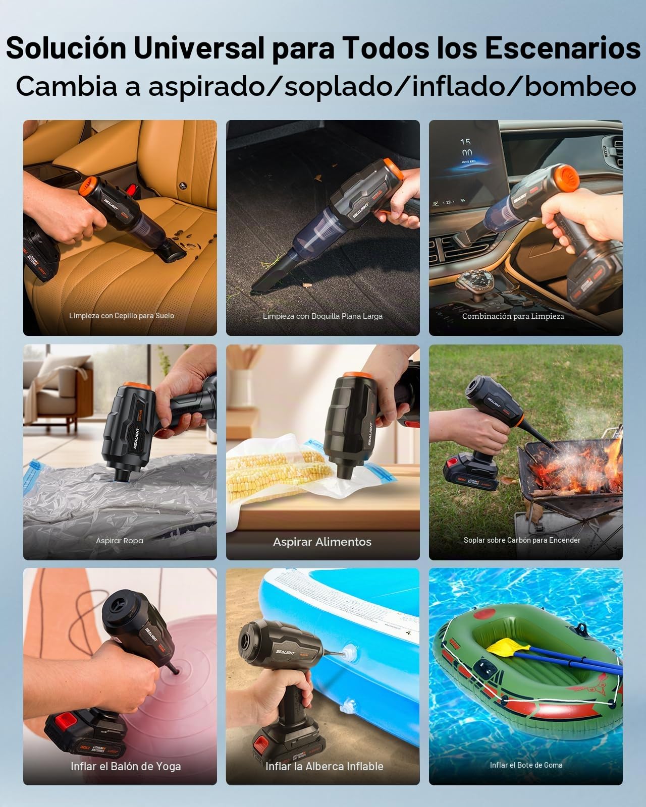 SEALIGHT Aspirador de Mano, Pa Aspiradora sin Cable Coche, 2 Pilas Recargables con Motor sin Escobillas para Pelo de Mascotas, Coche, Hogar