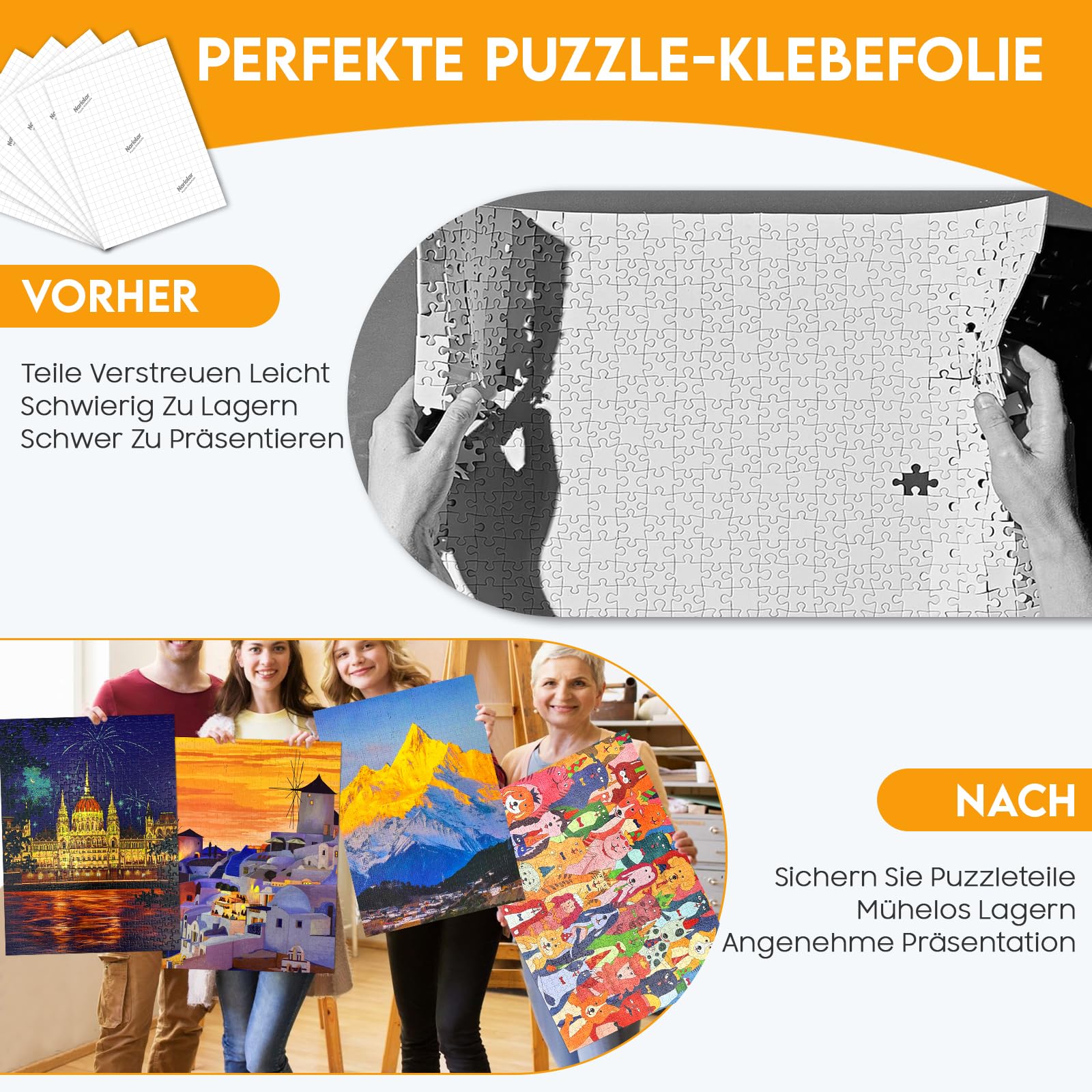 Nariolar Ultra-przyczepna folia samoprzylepna, 32 super klej do puzzli, do otrzymania 4 x 1000 elementów i do ochrony puzzli w ciągu zaledwie kilku minut
