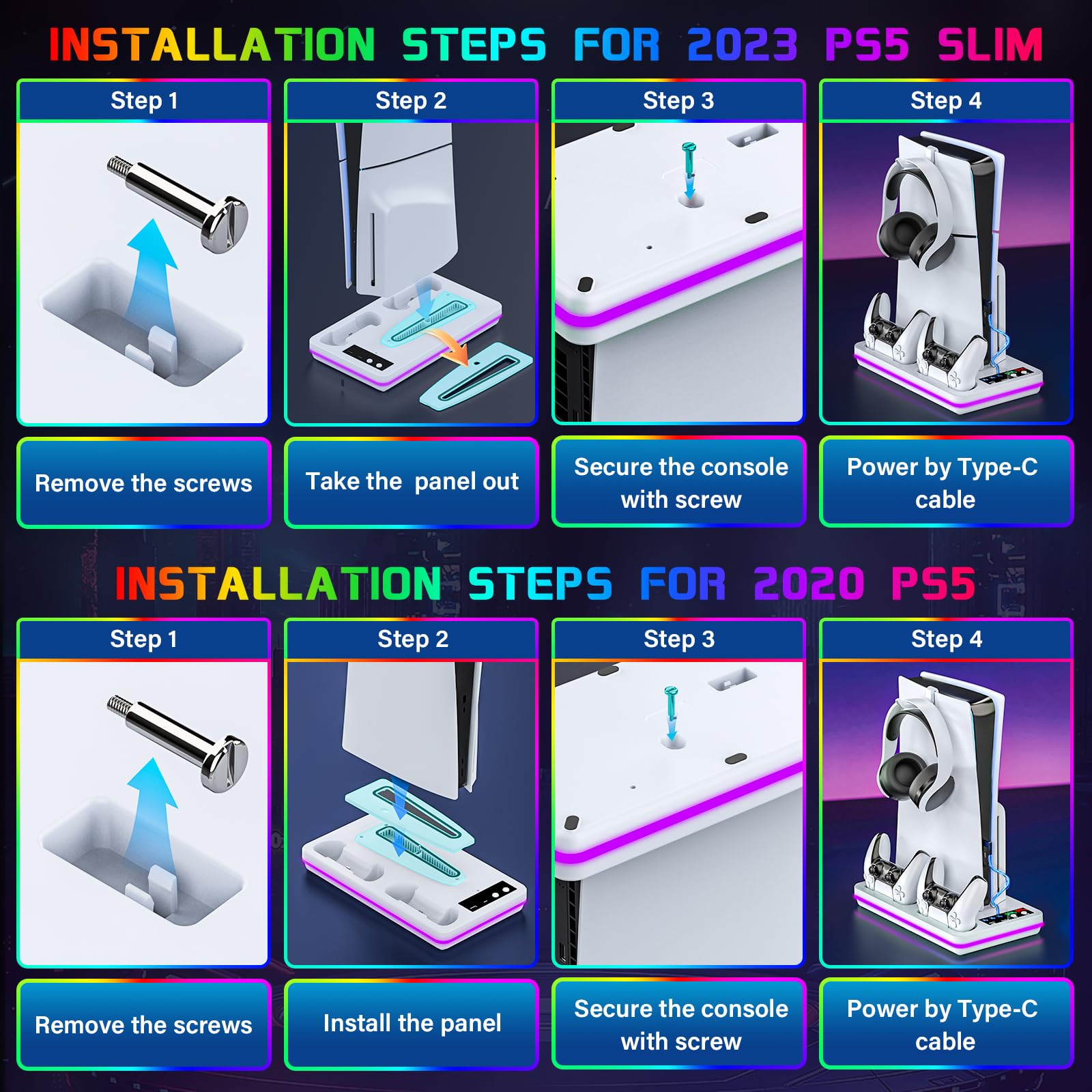 Estación de refrigeración para PS5 Slim Stand, Dual PS5 Controller Charger Station para consola Playstation 5, ventilador de refrigeración de 3 niveles para PS5 Slim Disc/PS5 Disc y digital, soporte