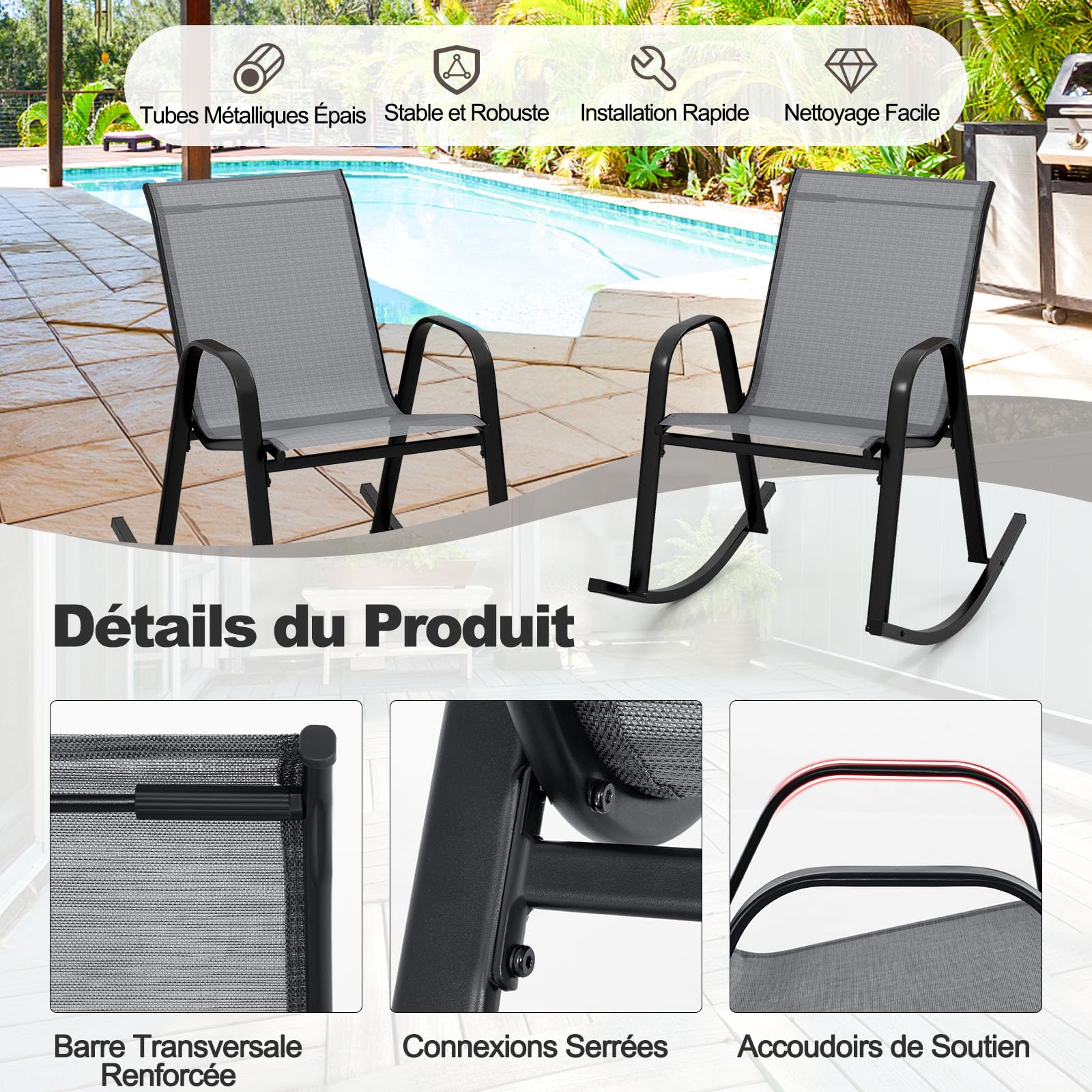 GOPLUS Lot de 2 Fauteuil Jardin Exterieur à Bascule en Textilène, 62 x 91 x 86 CM, Rocking Chair Cadre Métal avec Dossier Incurvé et Accoudoir Ergonomique, Charge de 150 KG, pour Jardin, Balcon (Gris)