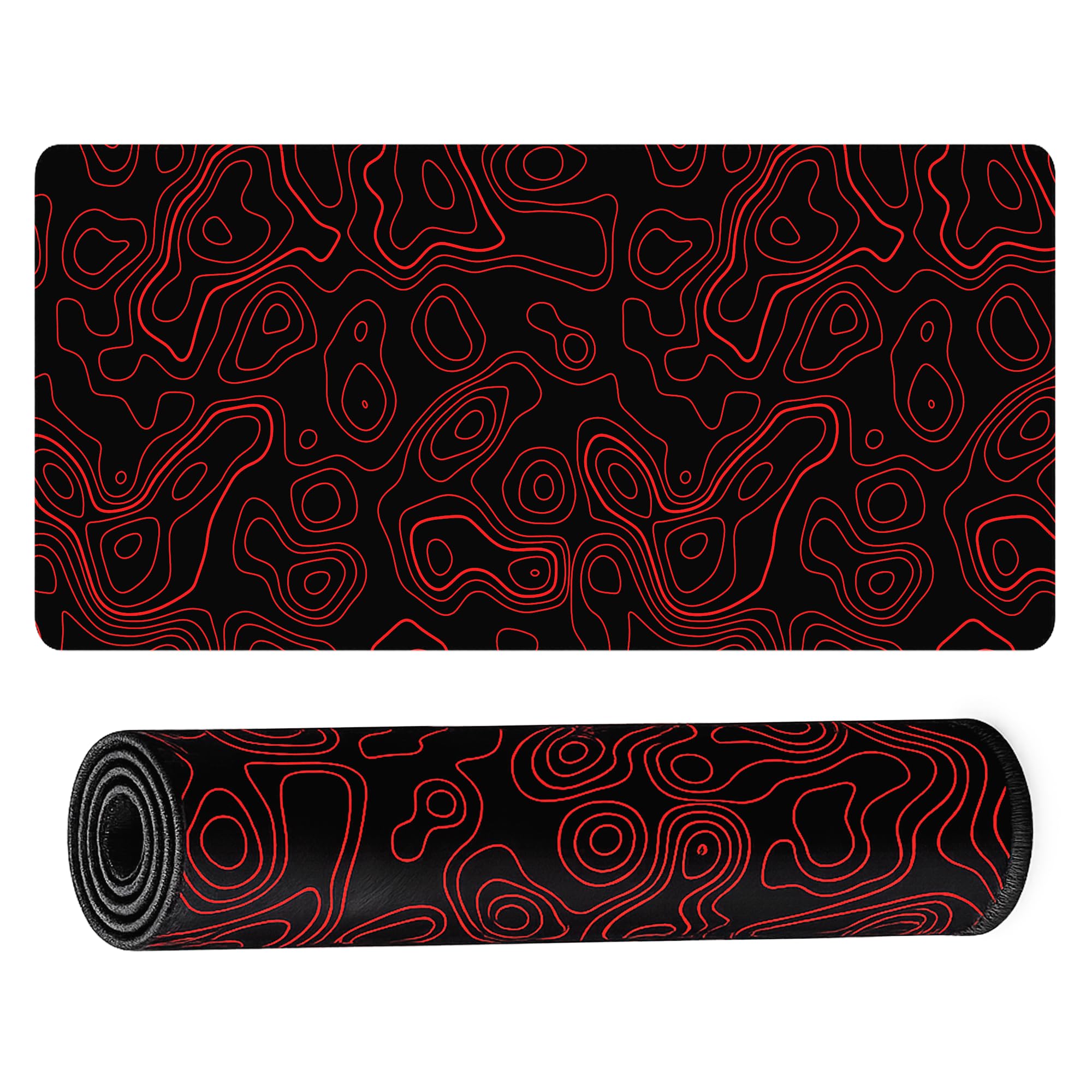 Extended Desk Mat 458 x 915 mm | Premium Abstract Desk Mat with Stitched Edges | 3mm Thick Non-Slip Desk Pad for Gaming, Office & Workstation (Black-Red Topography Abstract)-image-1