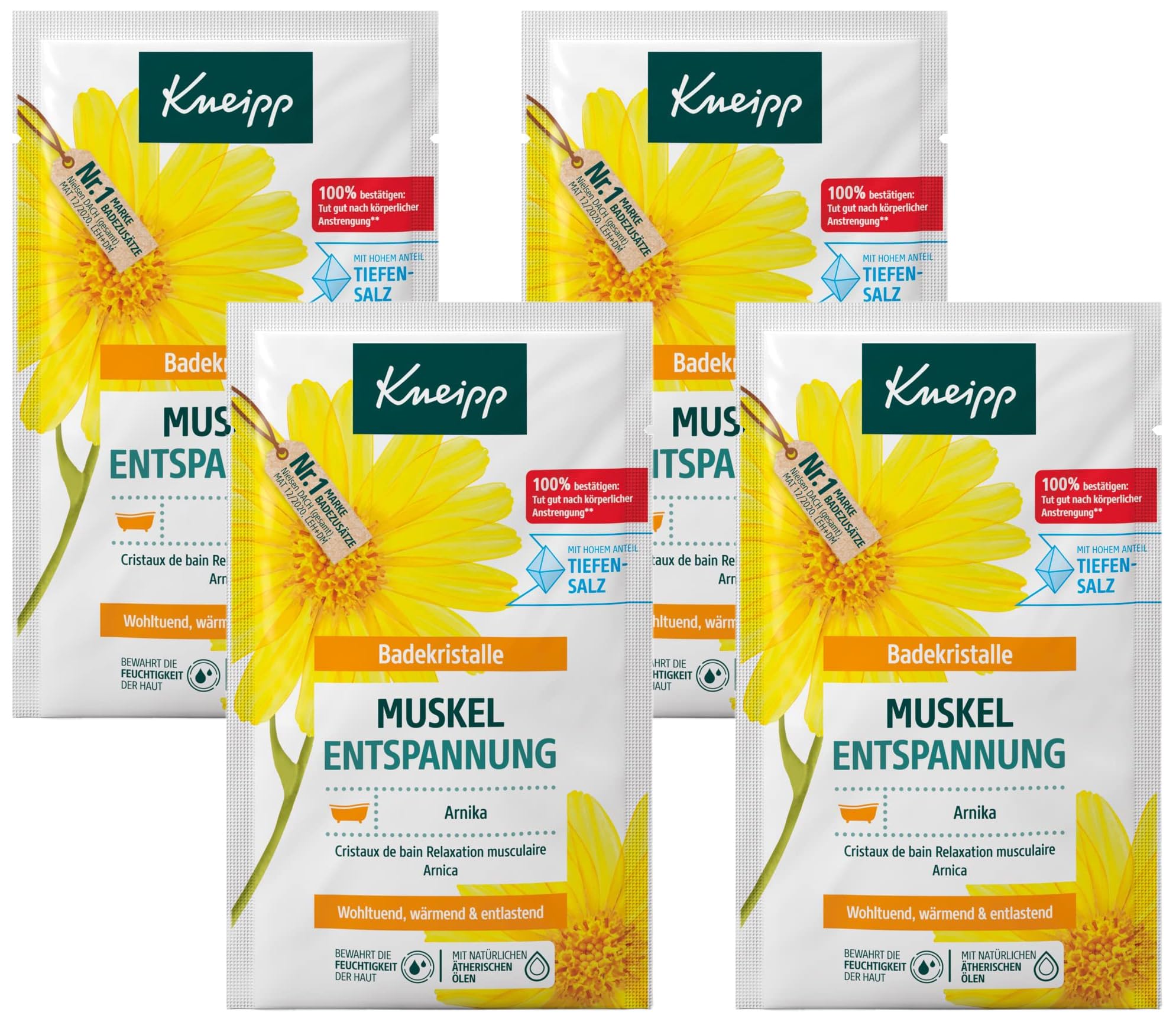 Kneipp Badekristalle Muskel Entspannung, Arnika, wohltuend, wärmend & entlastend, 60 g (Packung mit 4)