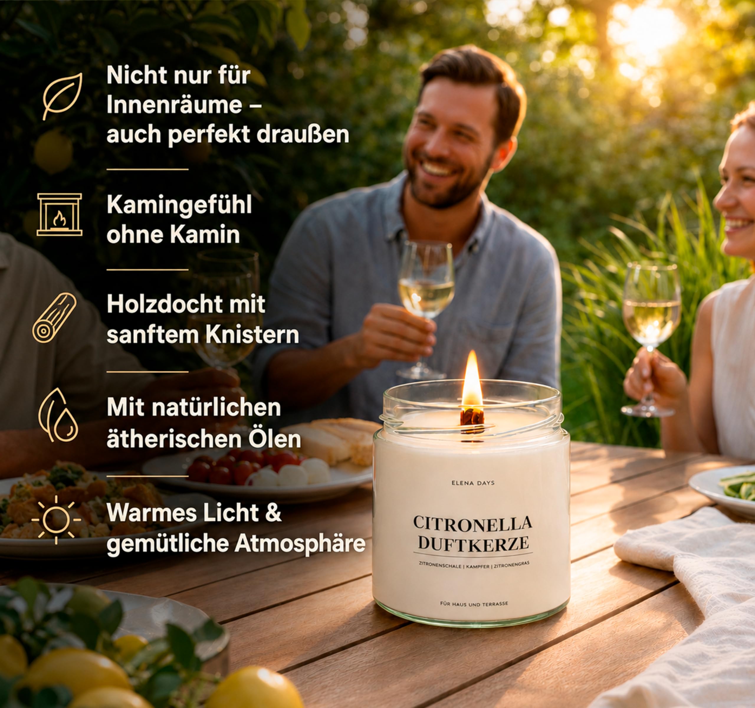 Citronella Duftkerze im Glas 300g – Sojawachs Kerze mit Holzdocht, intensiver Duft, Sommer Zitronengras & Zitrone Duft, lange Brenndauer 70h, für Haus, Terrasse & Balkon, Geschenkidee