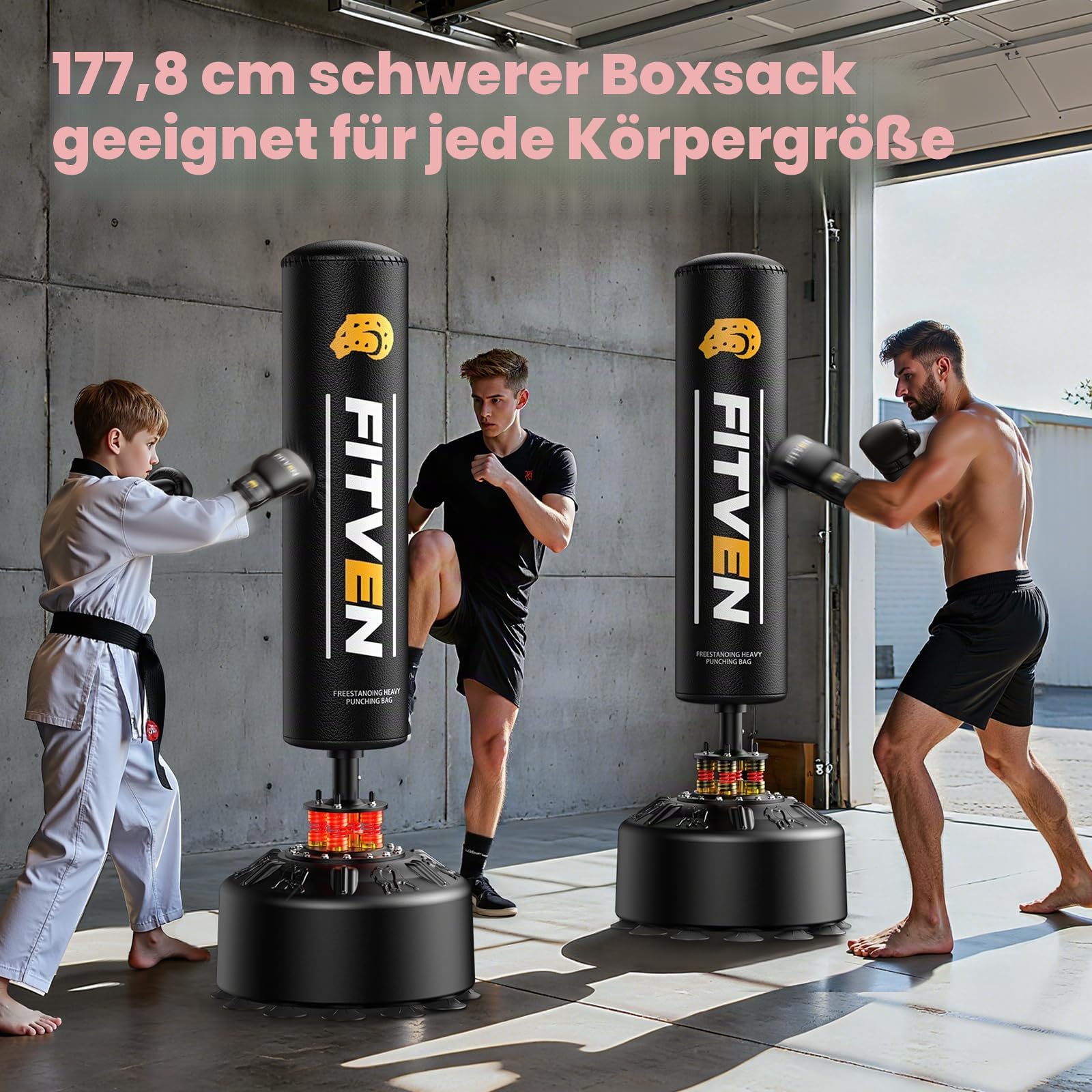 FITVEN Freistehender Boxsack mit Boxhandschuhen, schwerer Boxsack mit Saugnapf-Basis für Erwachsene und Kinder, Standboxsack für Männer