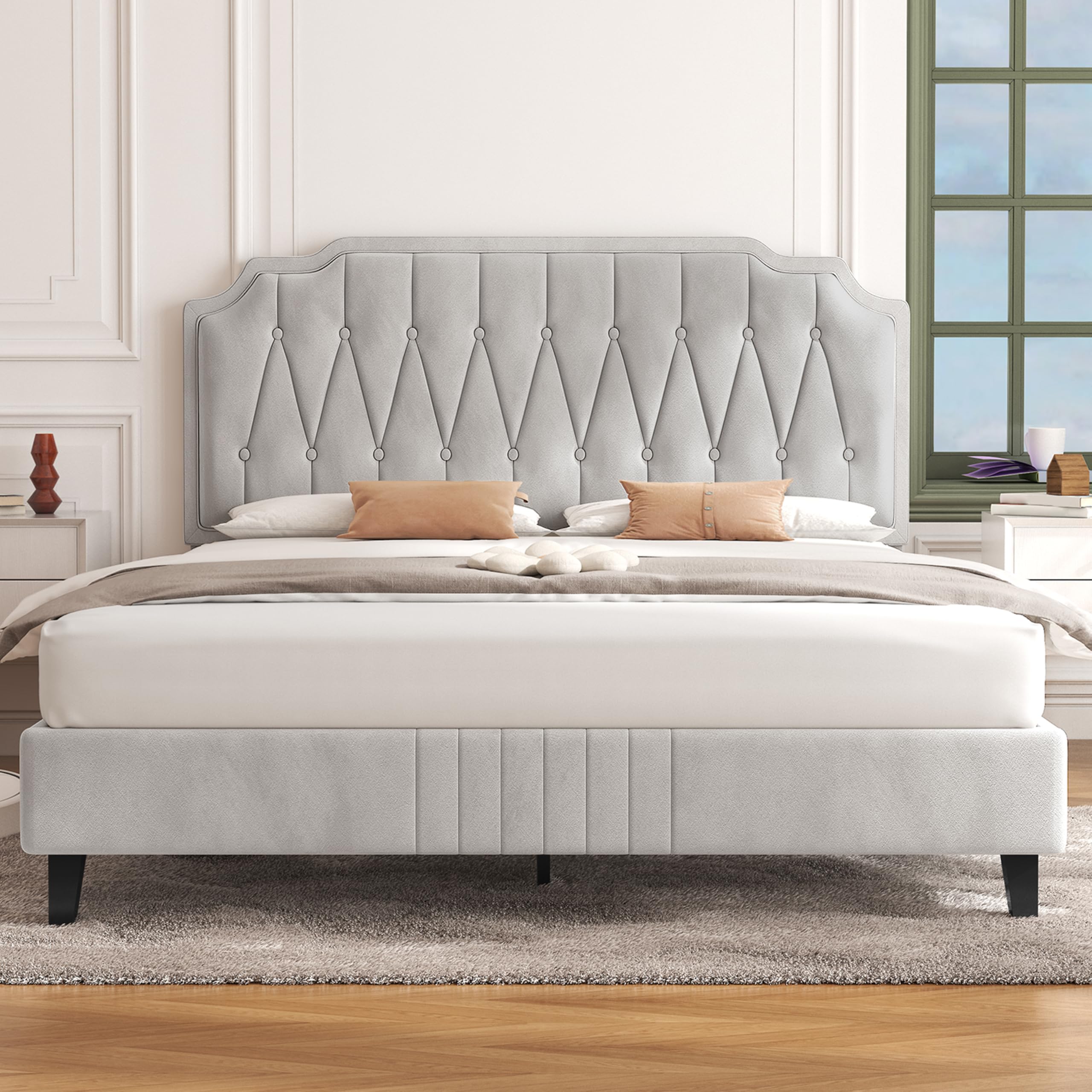 Yaheetech Cama Tapizado en Terciopelo Cama de Matrimonio con Cabecero Ajustable en Altura Marco de Cama Soporte con Listones de Madera 140 × 200 cm Beige