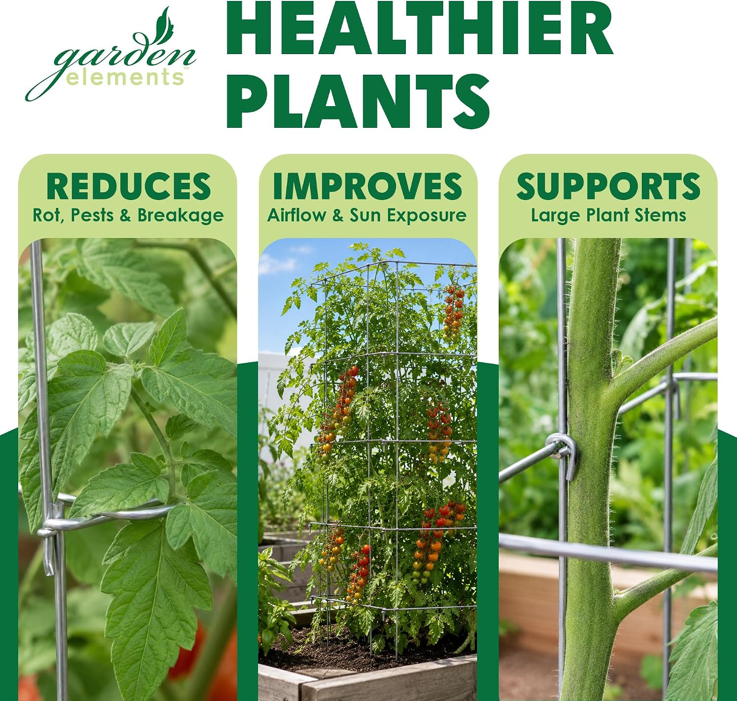 Garden Elements Square Tomato Cage, 48 Inch (Pack of 3) - Heavy Duty Galvanized Steel Plant Support, Collapsible Garden Trellis with 8-Leg Stability for Climbing Vegetables & Vines