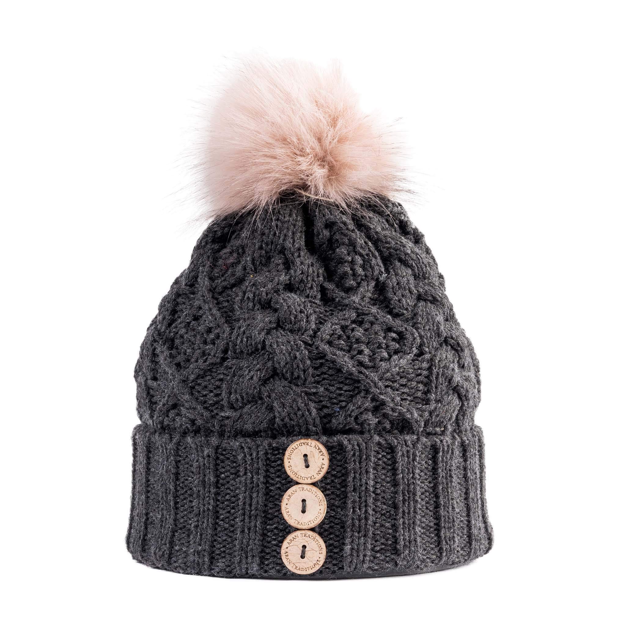Aran Traditions Diamond Cable Button Hat (Charcoal/Blush)