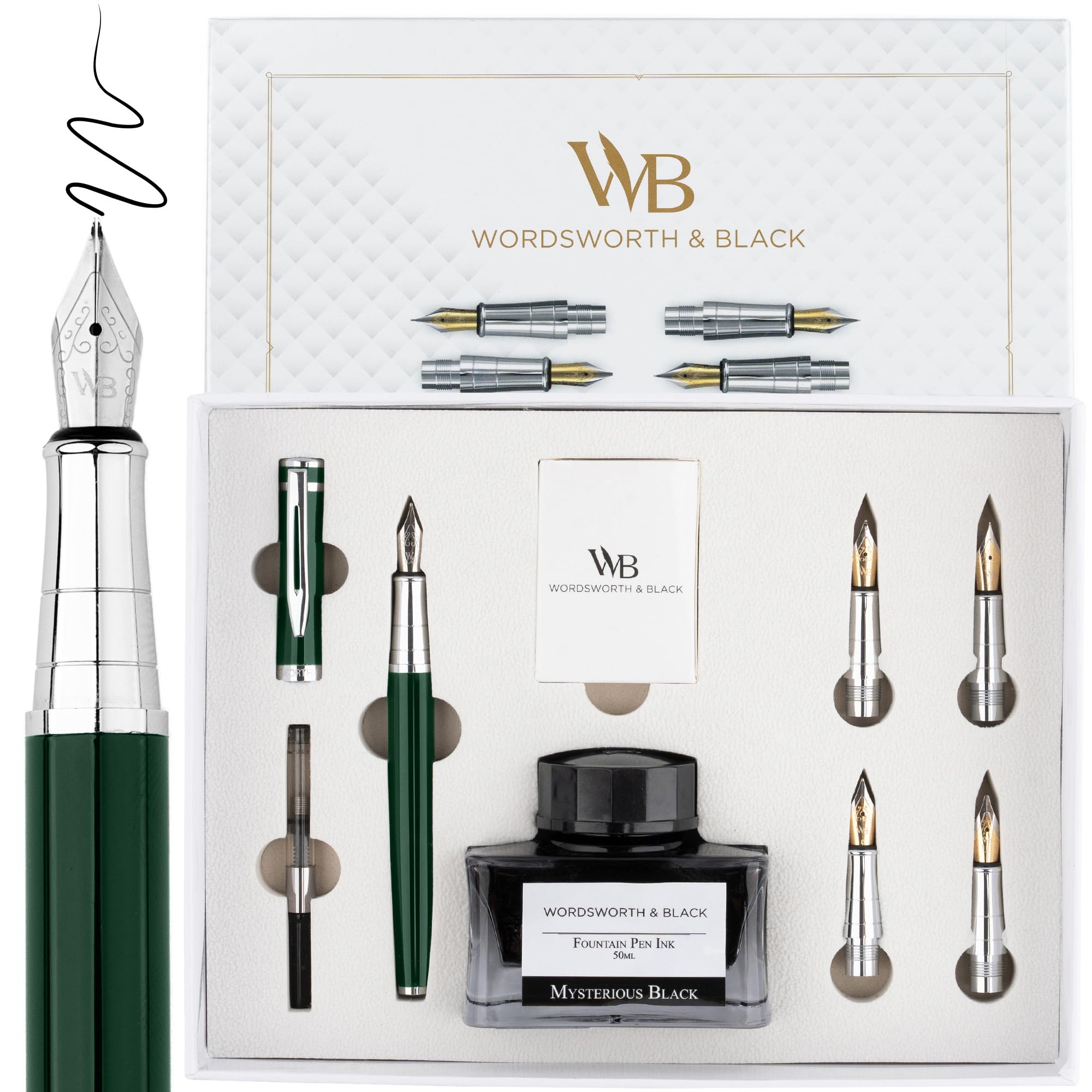 Wordsworth & Black Füllfederhalter-Geschenkset, beinhaltet Tintenflasche, 6 Tintenpatronen, Tintenauffüllkonverter, 4 Ersatzfedern, Premium-Paket, Journaling, Kalligraphie, [Grüner Chrom]