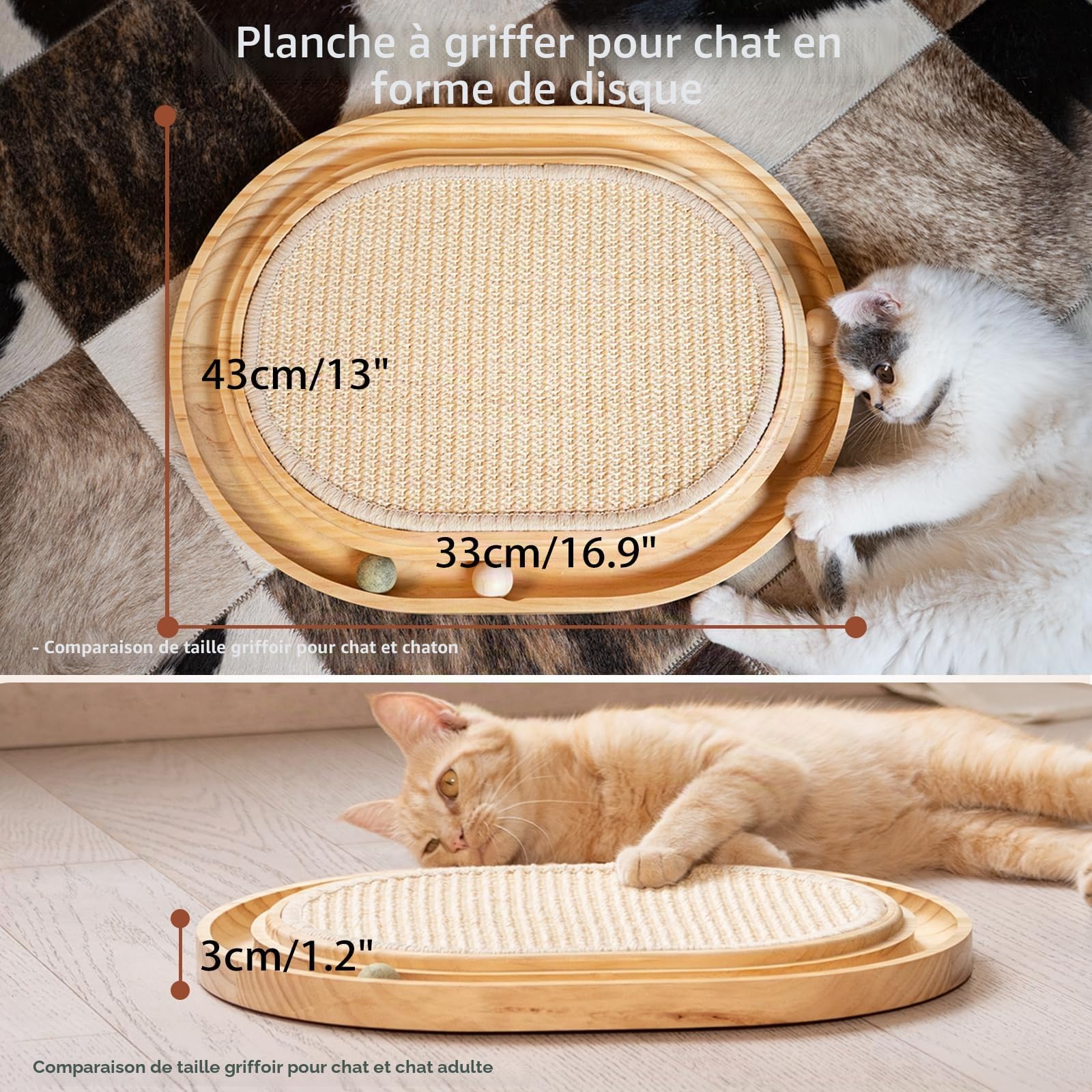 CheerPals Griffoir en sisal - 2 en 1 - Jouet pour chat - Pin massif et coussin en sisal naturel et boules d'herbe - 43 x 33 x 3 cm - Tapis griffoir pour tous les chat