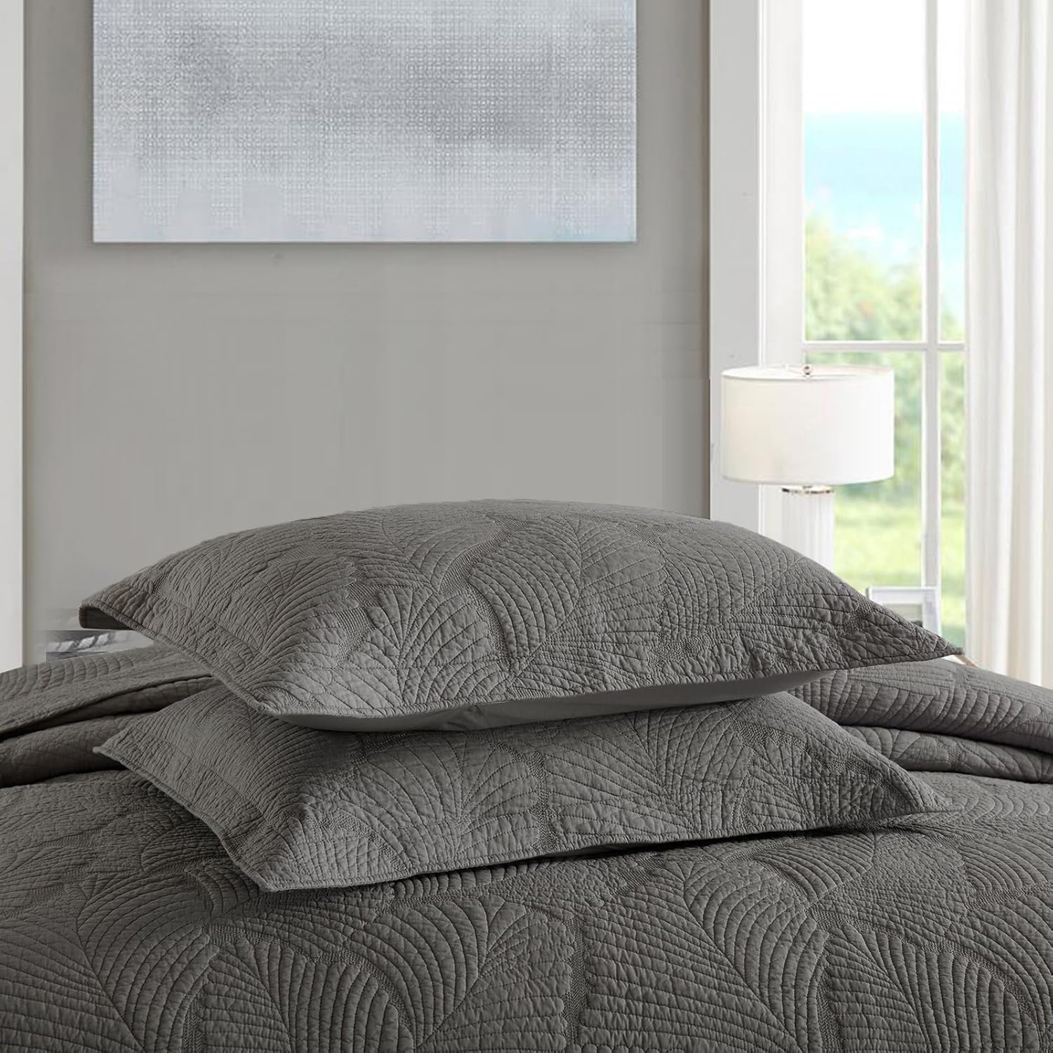 mixinni Grey Palm Tree Pattern Soft Cotton Quilt Set for Him and Her-Queen Size