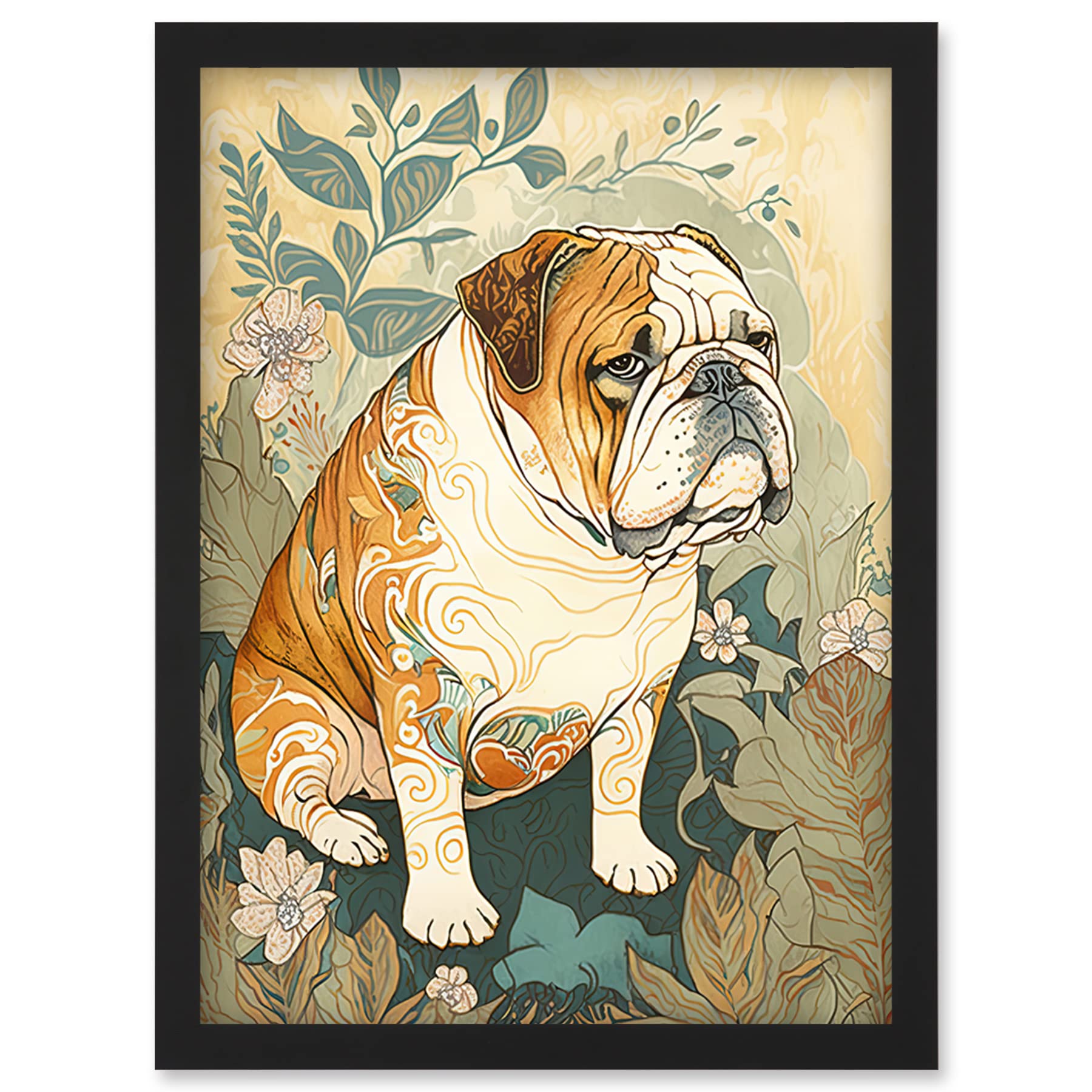 Artery8 Bulldog with Ornate Pattern Fur Coat in Flower Field Modern Watercolour Illustration Artwork Framed Wall Art Print A4