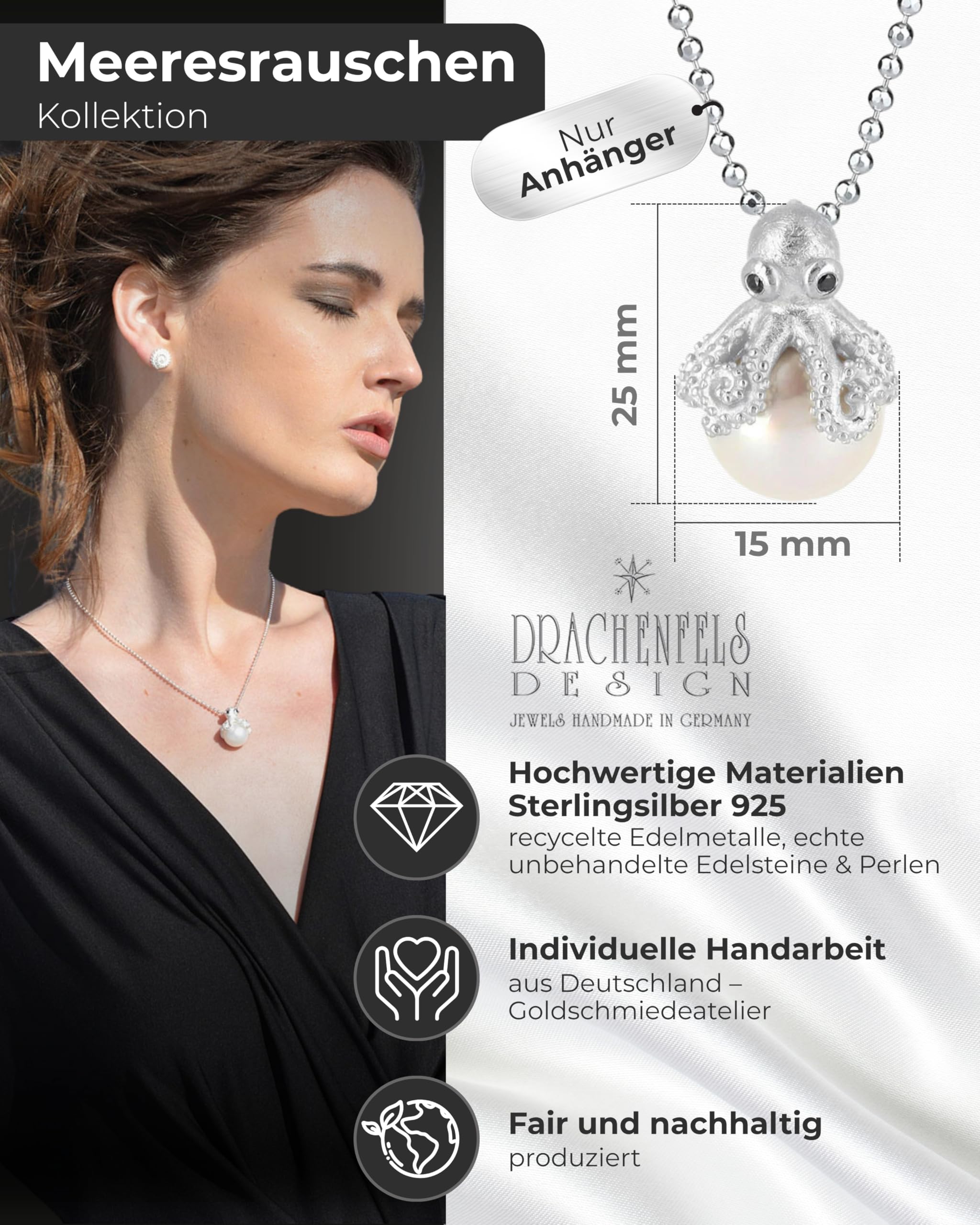 Drachenfels "Meeresrauschen" Oktopus-Anhänger I Kettenanhänger aus 925 Sterling Silber I Nickelfreier Silber-Anhänger mit Perle & Spinellen I In Goldschmiedequalität gefertigt I D MSOK 33/AG